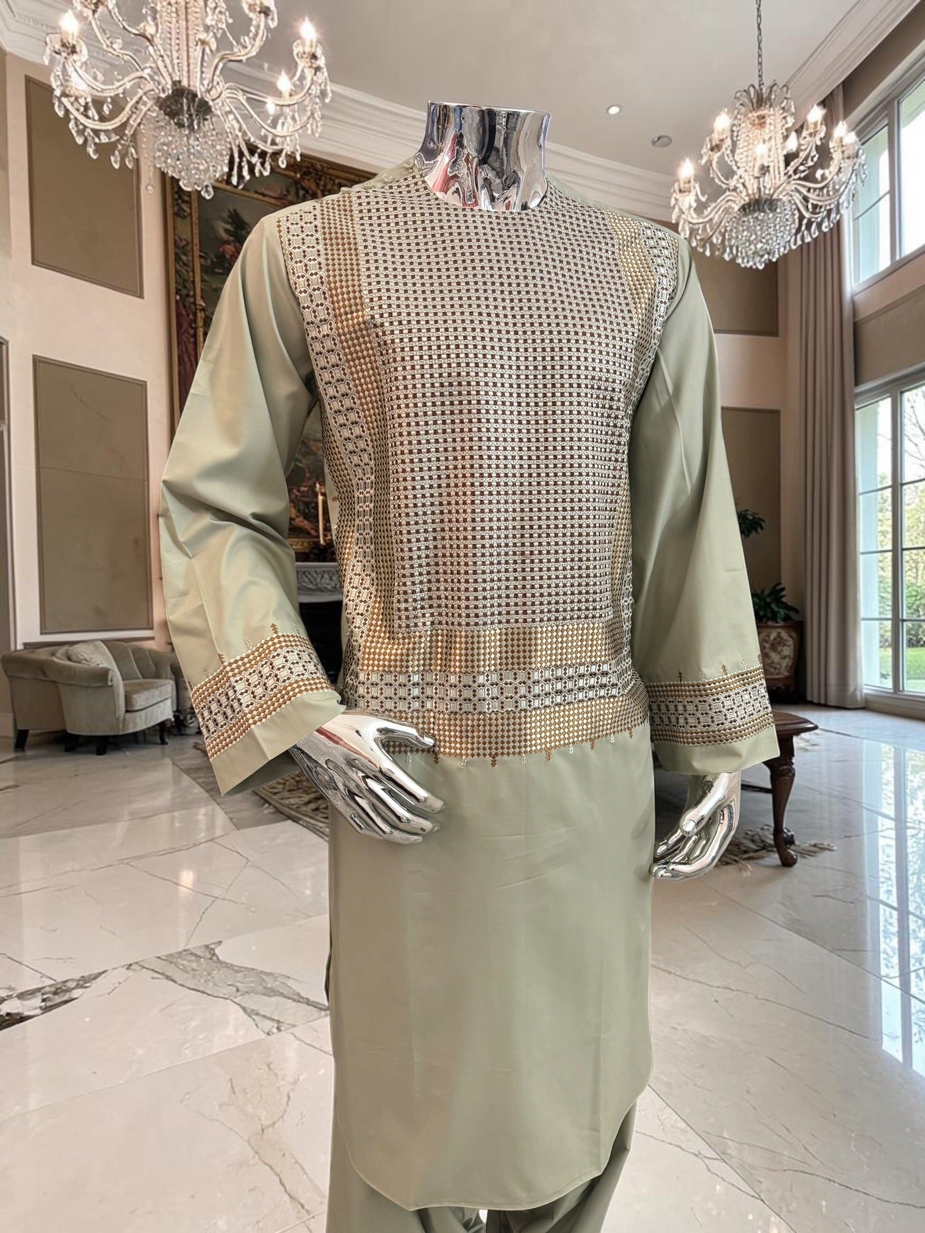 Large Sage Green Afghan Parahan Tunban with Gold and Brown Embroidery | Traditional Men’s Afghan Outfit