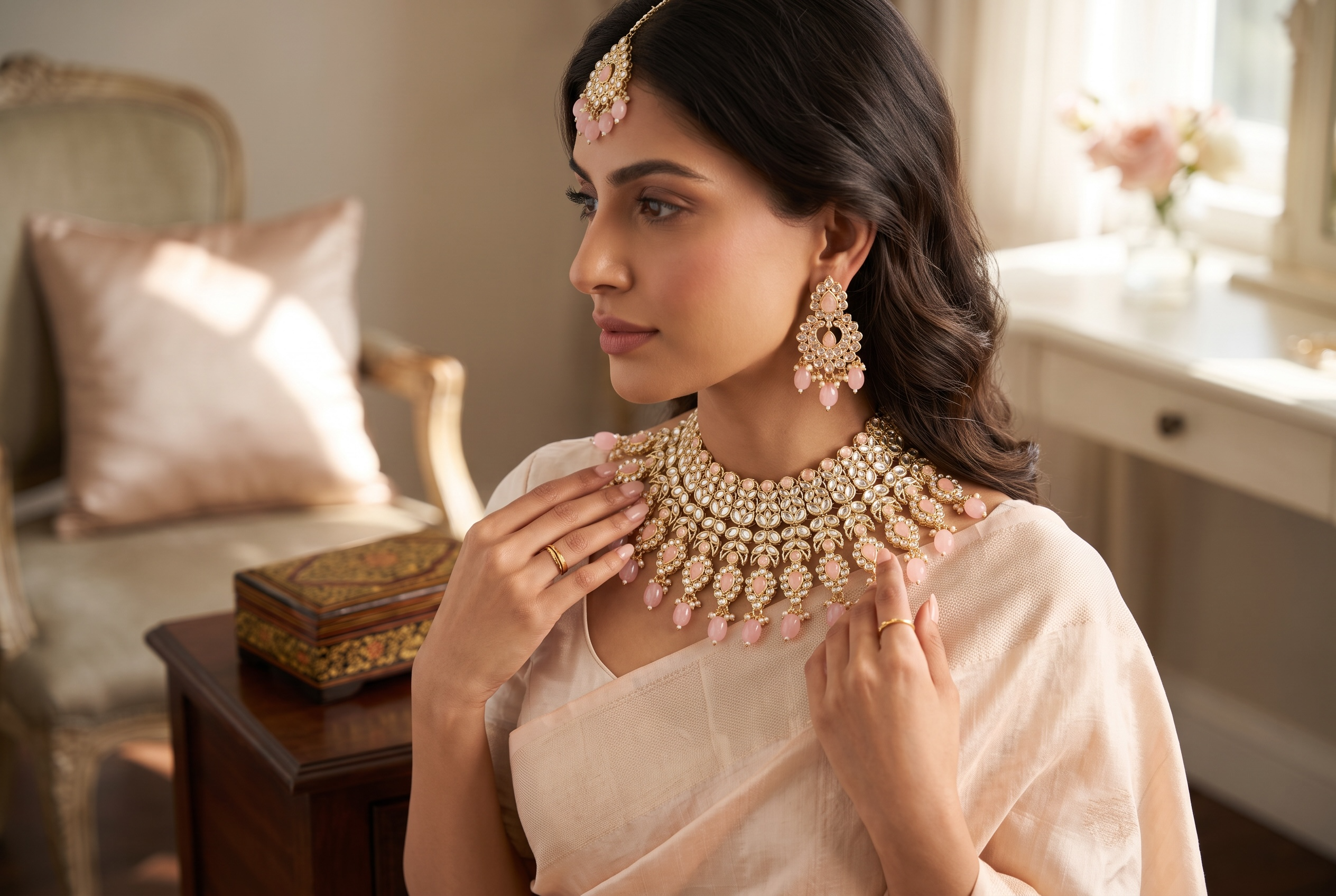 Luxury Gold Tone Kundan Choker Necklace Set with Pink Stones & Earrings – Indian Pakistani Bridal Wedding Jewelry 026