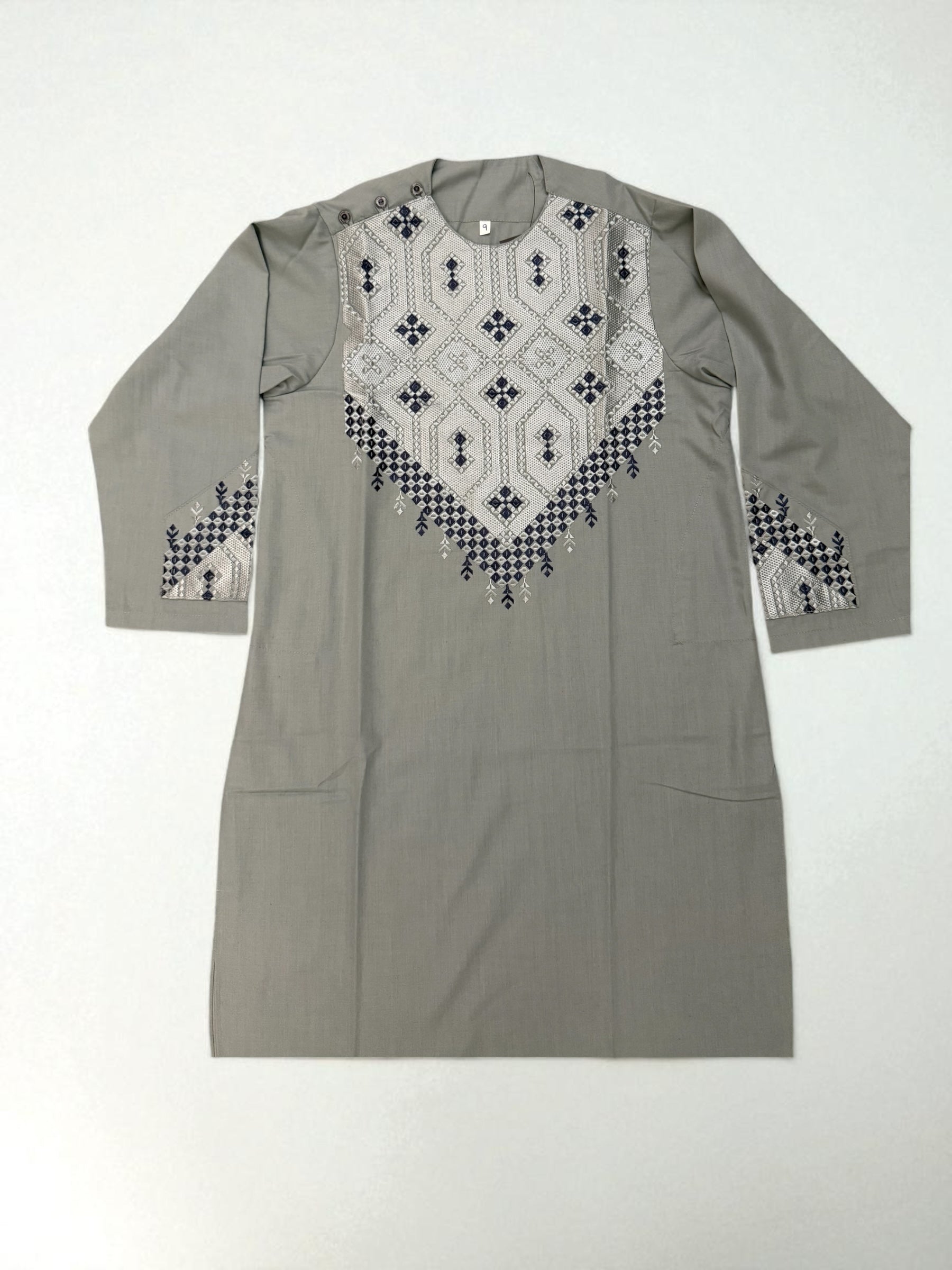 9 years old Boys Sage Green Parahan Tunban – Machine Embroidery in White & Navy