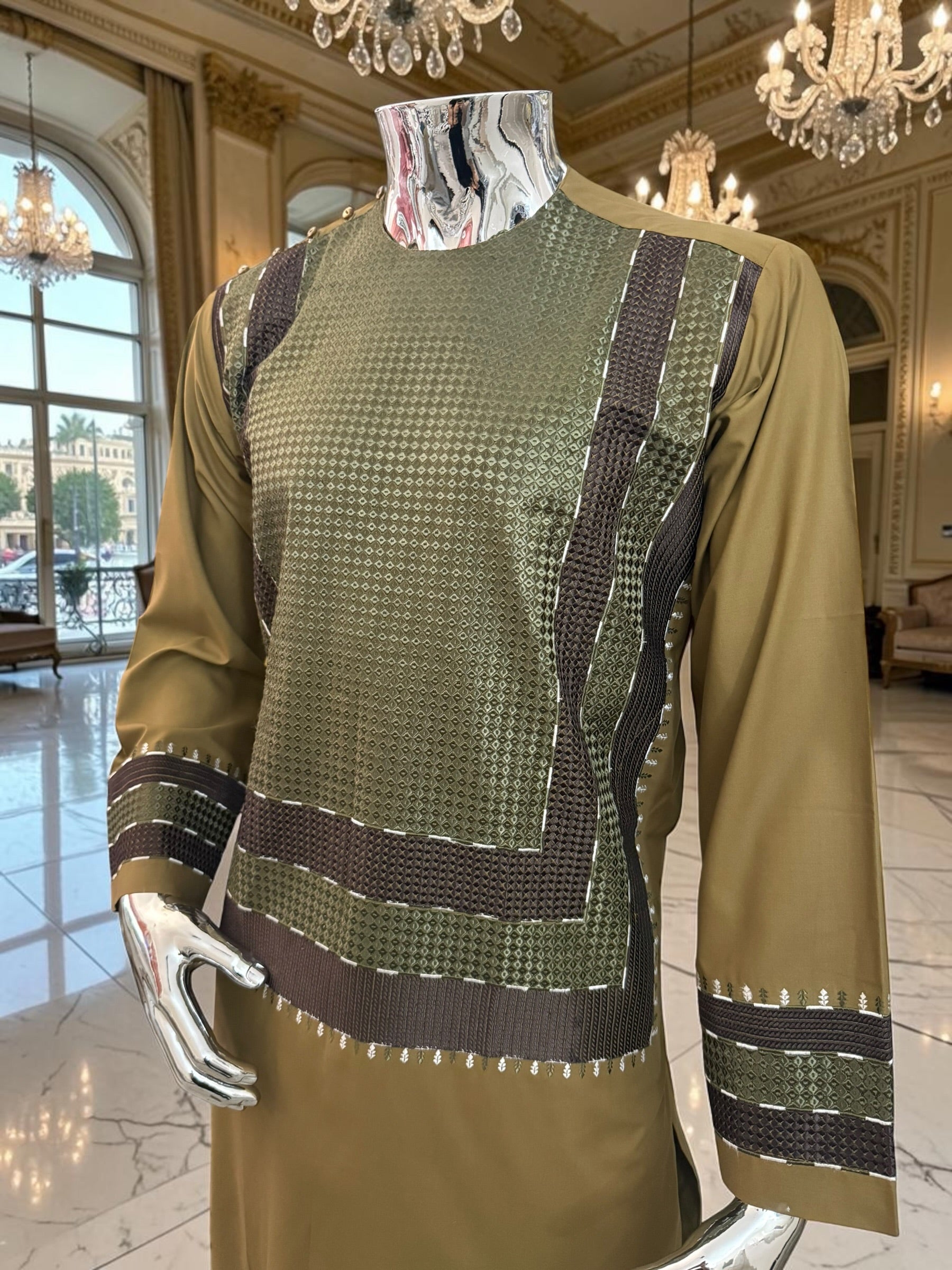 Small Men’s Henna Green Color Afghan Parahan Tunban Set with Premium Machine Embroidery