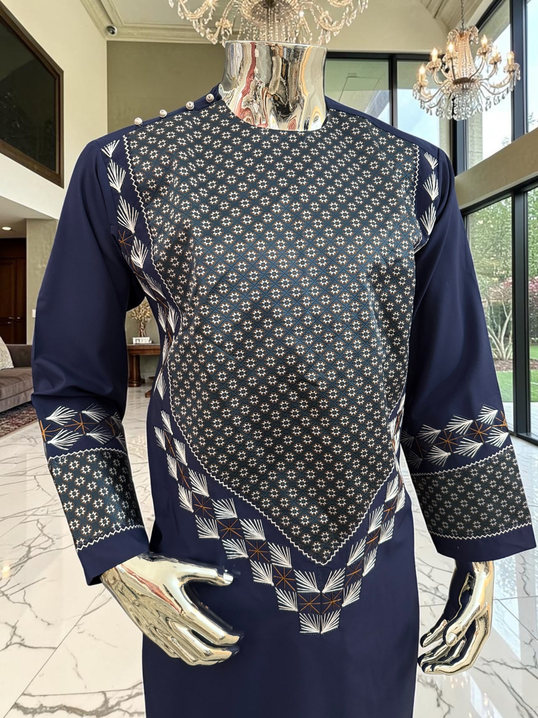 Medium Midnight Navy Hand Embroidered Afghan Parahan Tunban Set with Matching Chadder