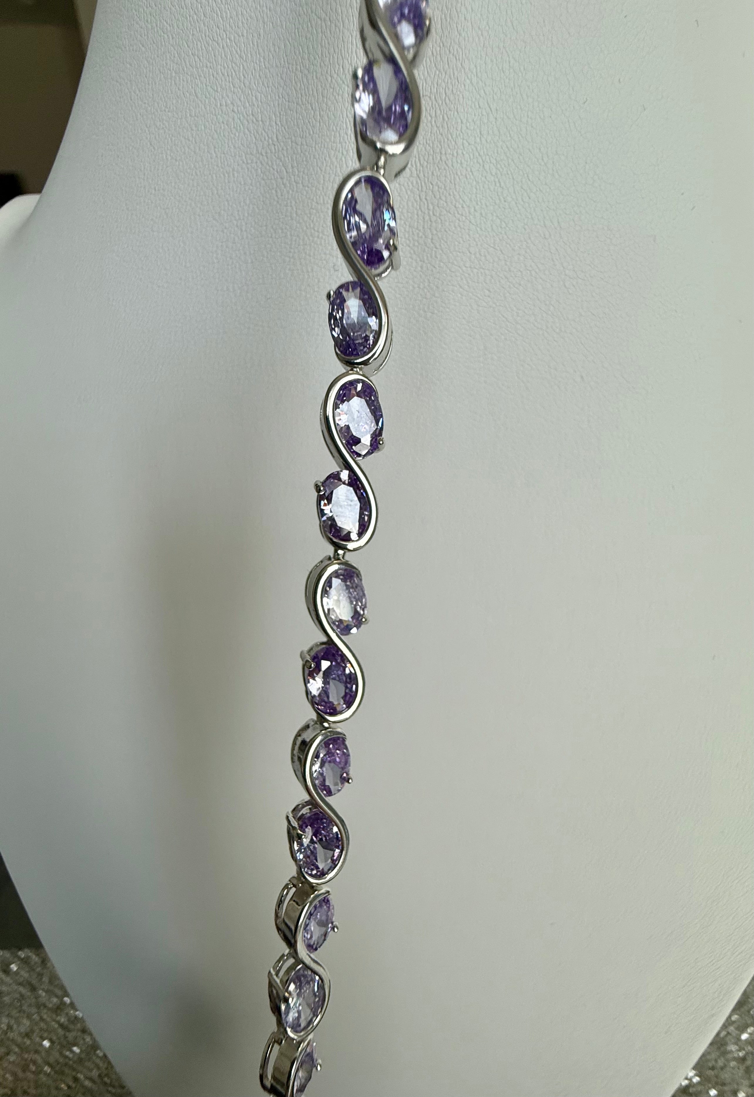 Lavender Purple Crystal Infinity Bracelet – Silver-Tone Oval Stone Link Bracelet 7098