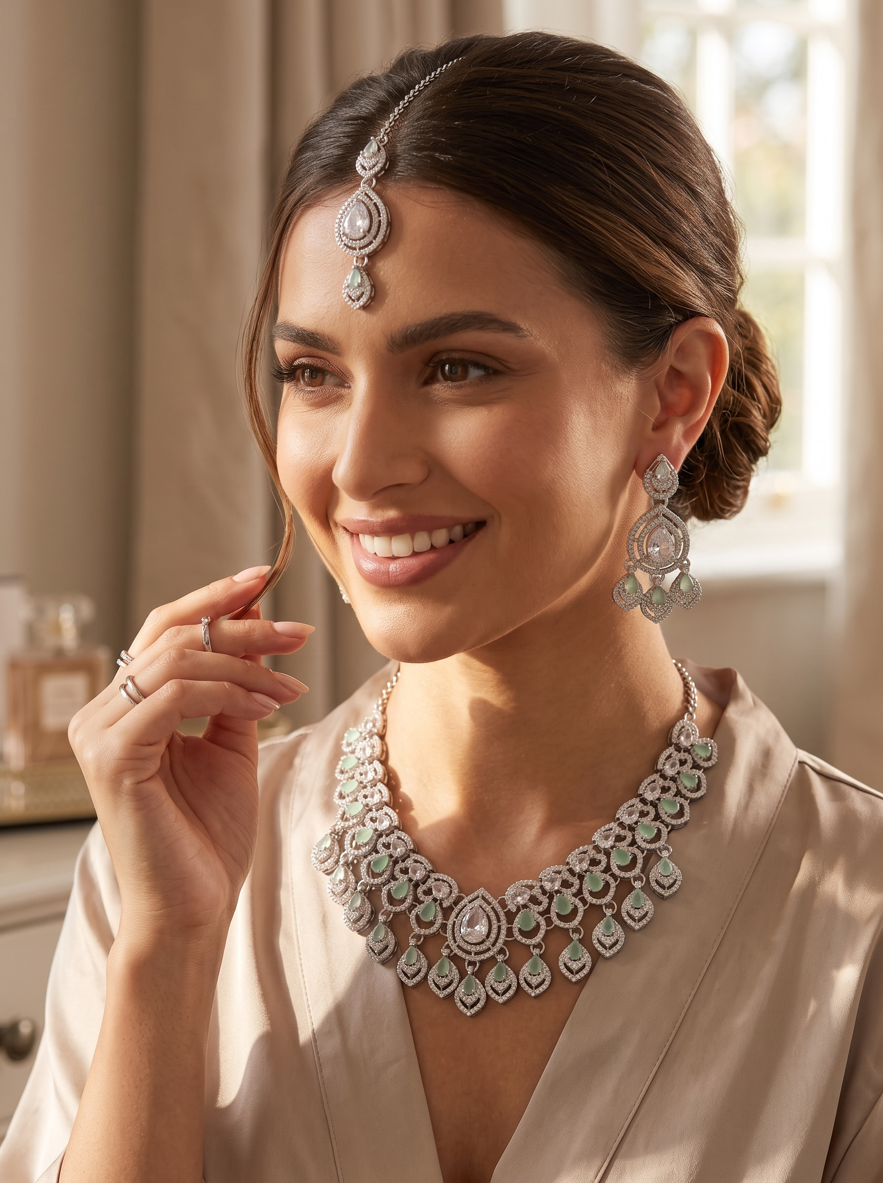 American Diamond Necklace, Earrings & Maang Tikka Jewelry Set – 7 Colors