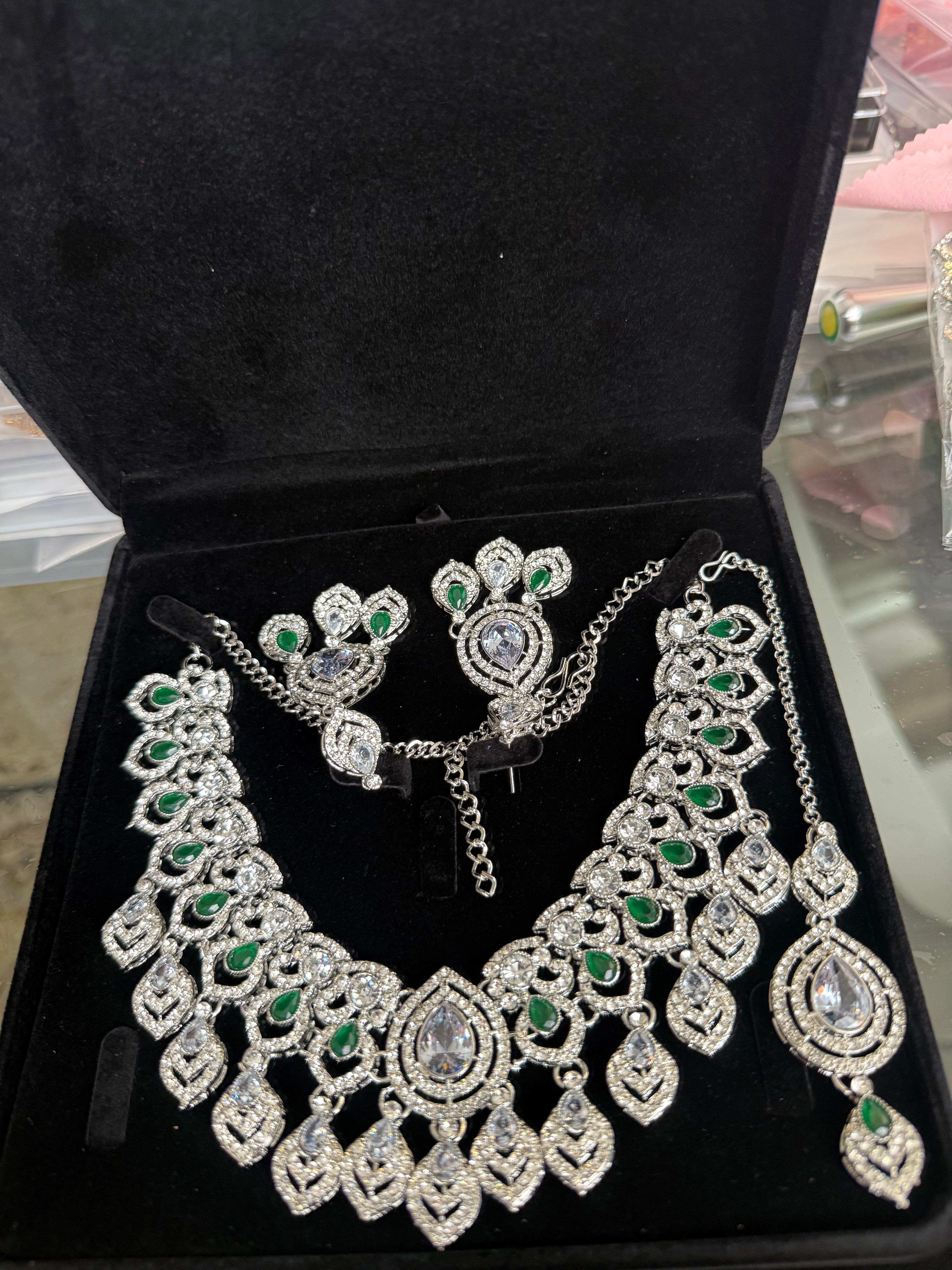 Luxury Silver Tone Emerald Green Crystal Bridal Jewelry Set | Statement Necklace, Earrings & Maang Tikka | Wedding Jewelry with Black Gift Box 6030