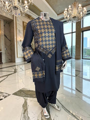 Medium Midnight Blue Afghan Parahan Tunban Set – Premium Hand Embroidery with Matching Shawl patto