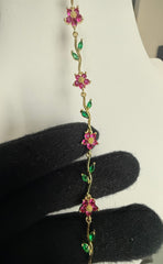 Pink & Green Floral Crystal Bracelet – Gold-Tone Vine & Flower Bracelet for Women 7121