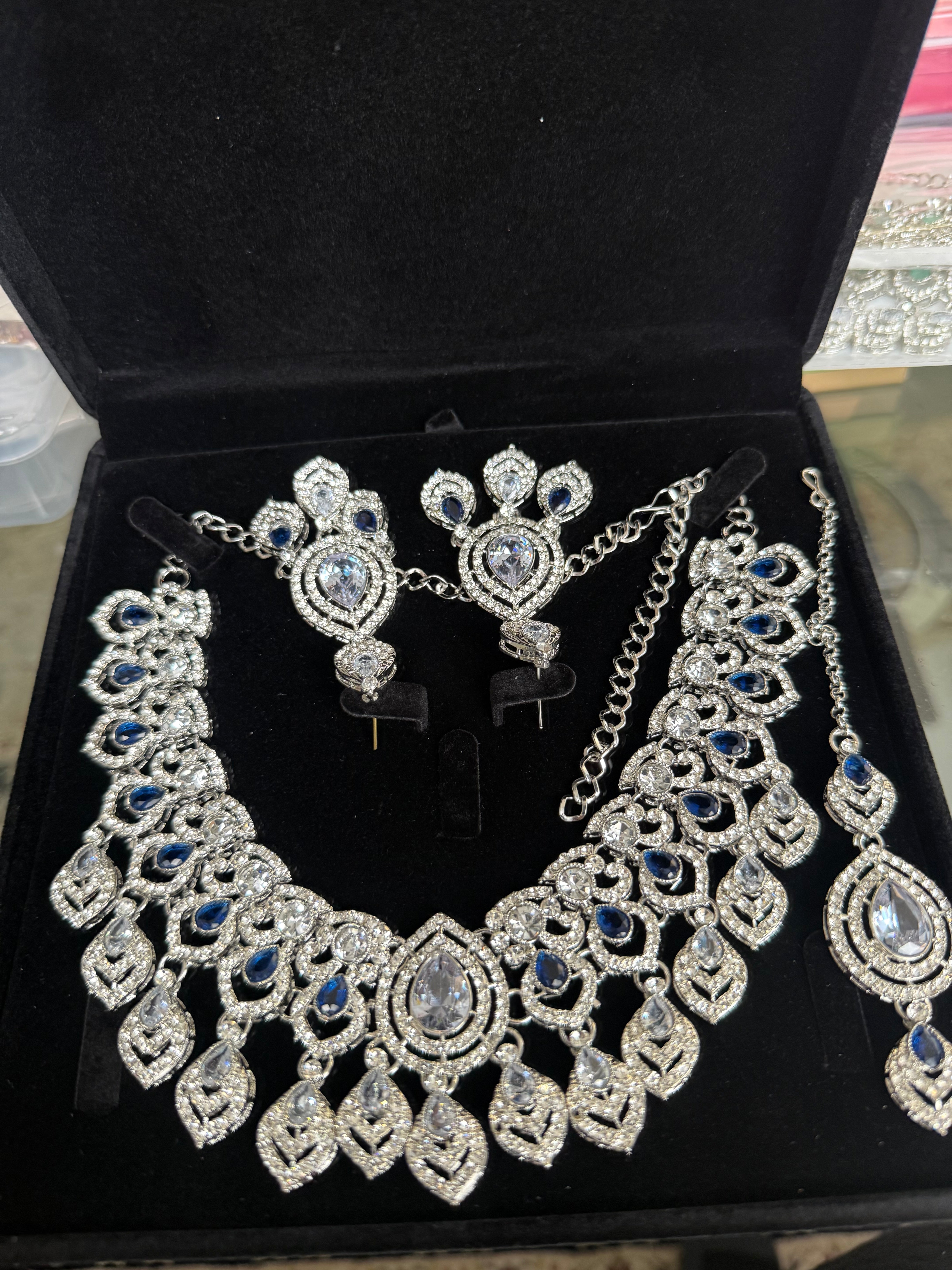 Luxury Silver Tone Sapphire Blue Crystal Bridal Jewelry Set | Statement Necklace, Earrings & Maang Tikka | Wedding Jewelry with Black Gift Box 6028