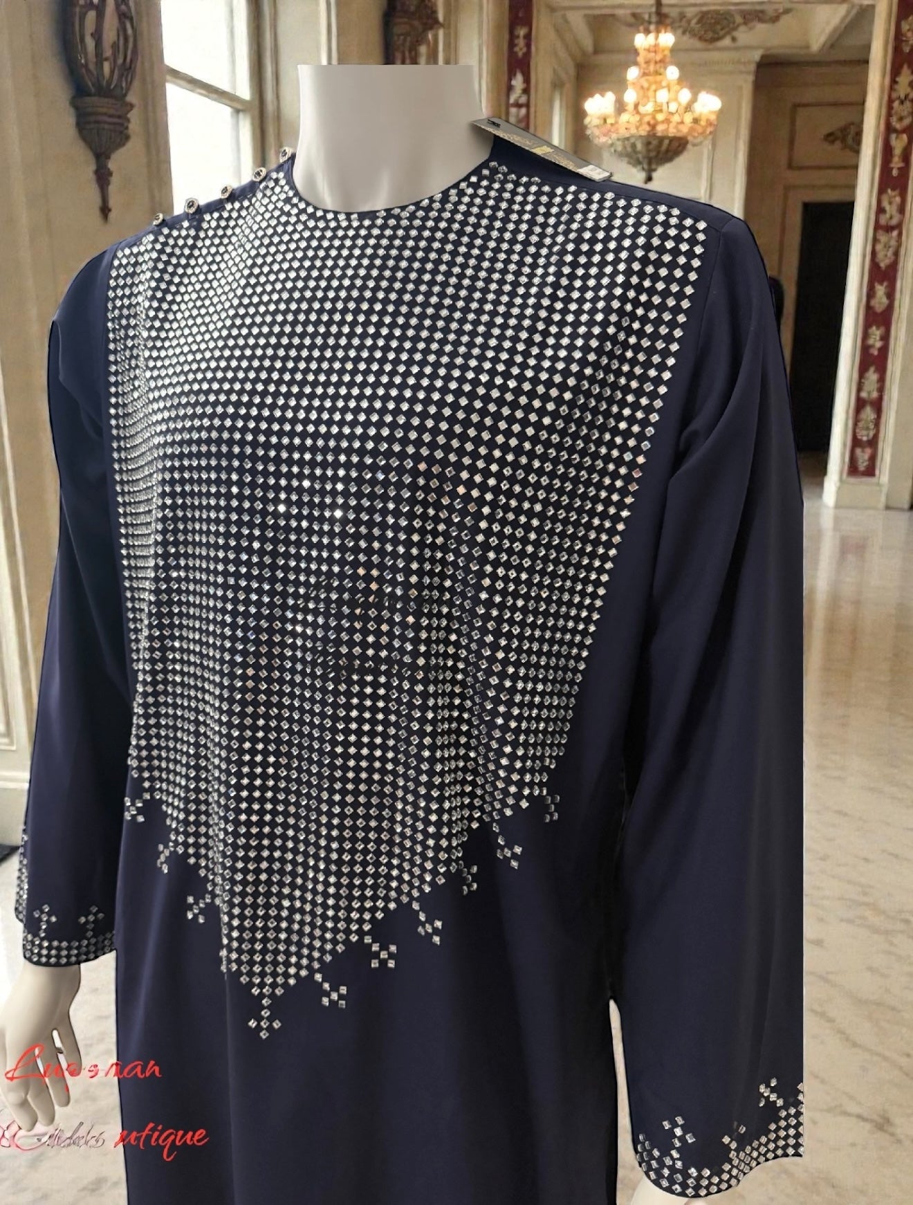 Small Navy Blue Afghan Parahan Tunban 3-Piece Set with Shesha Work