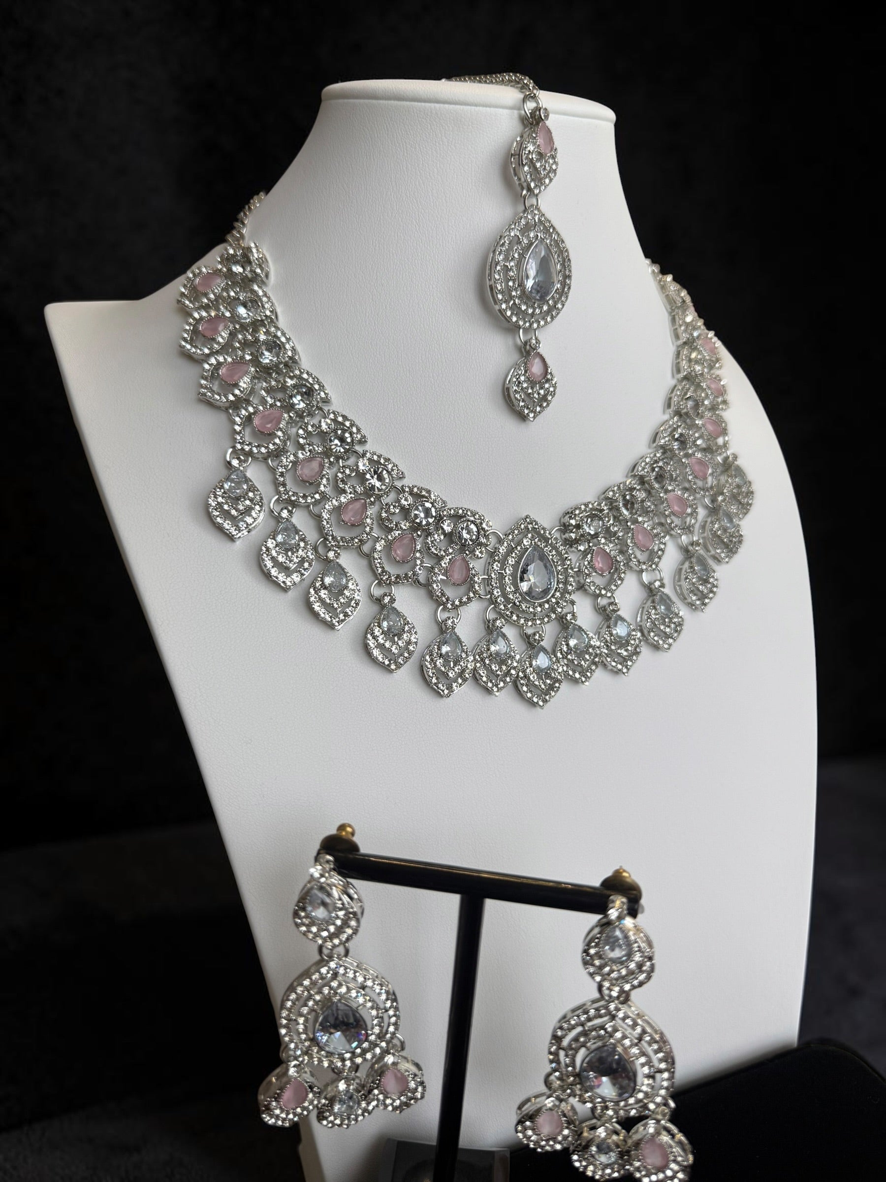 Luxury Silver Tone Blush Pink Crystal Bridal Jewelry Set | Statement Necklace, Earrings & Maang Tikka | Wedding Jewelry with Black Gift Box 6029