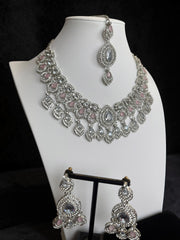 Luxury Silver Tone Blush Pink Crystal Bridal Jewelry Set | Statement Necklace, Earrings & Maang Tikka | Wedding Jewelry with Black Gift Box 6029