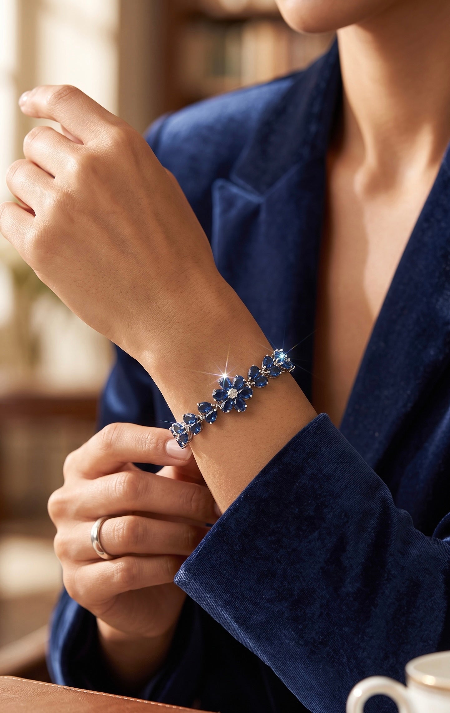 Sapphire Blue Crystal Floral Tennis Bracelet – Silver-Tone Pear Cut Flower Bracelet for Women 7131