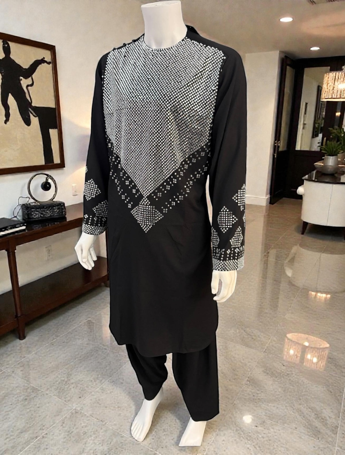 Men’s Black Parahan Tunban – White Shesha (Mirror) Style Embroidery on Chest & Sleeves | Afghan Traditional Outfit Small