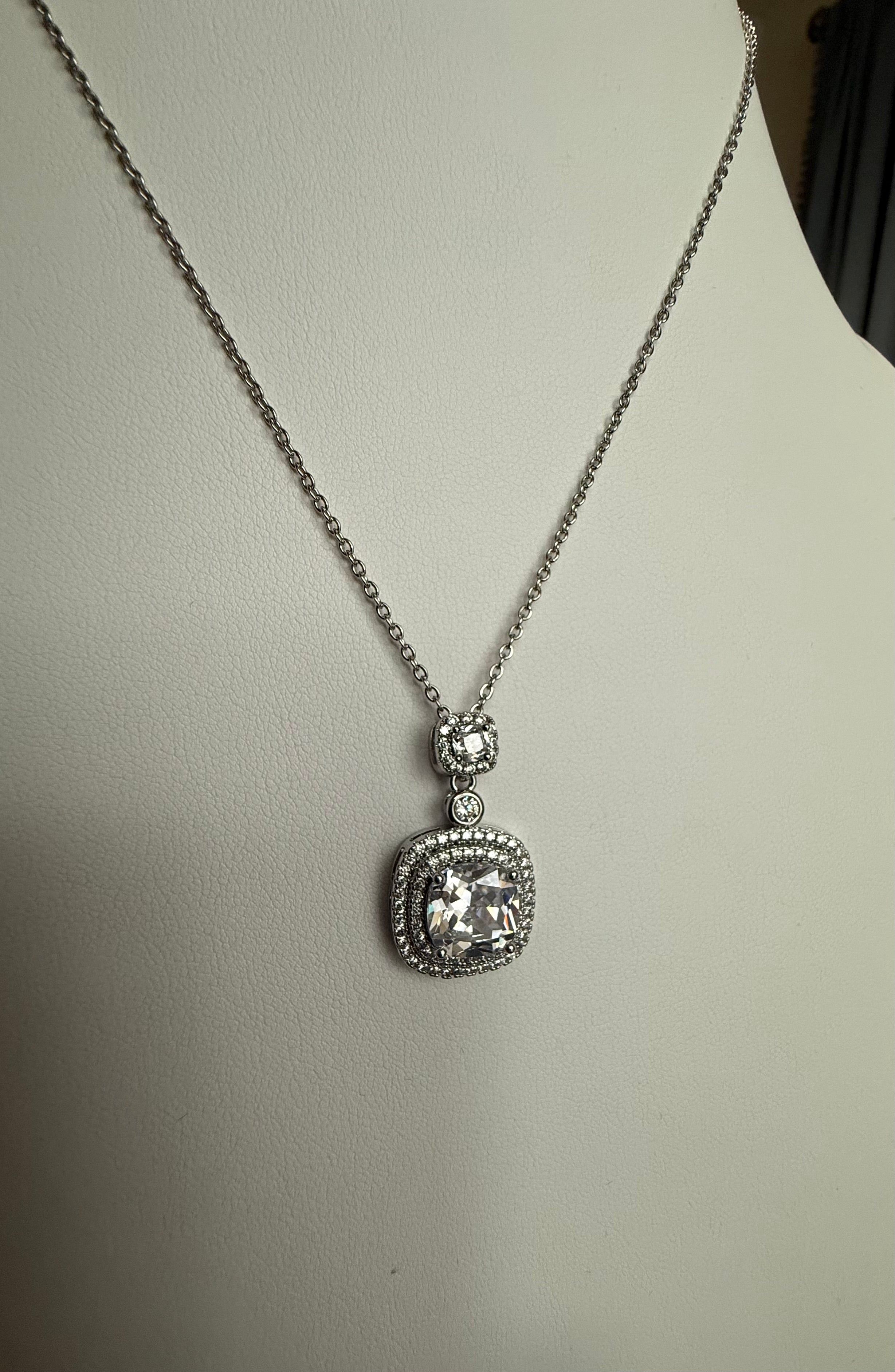 Cushion Cut Double Halo Pendant Necklace – Silver Tone Sparkling Statement Jewelry 7153