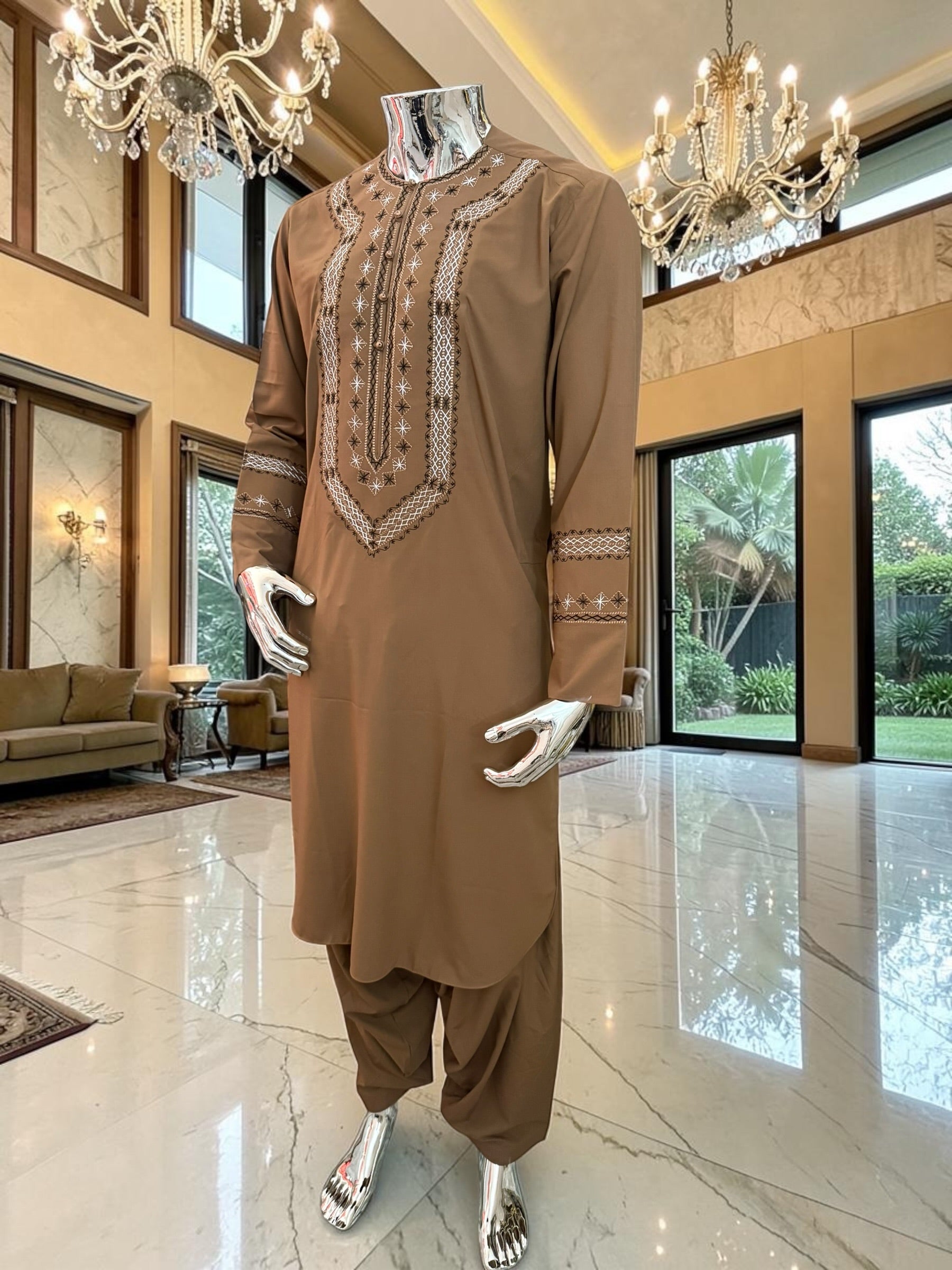 Medium Men’s Mocha Brown Hand Embroidered Afghan Parahan Tunban Set with Matching Shawl