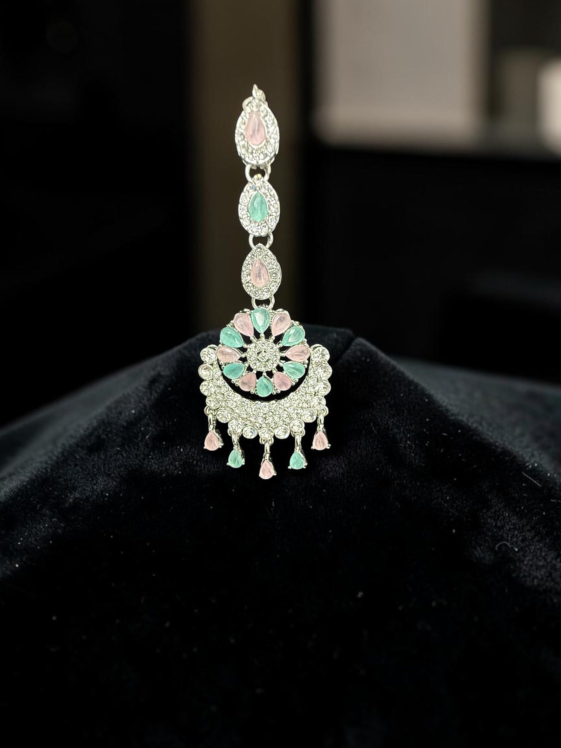 Indian Pakistani Afghan American Diamond Earrings with Maang Tikka Set | Bridal Chandbali Earrings | Wedding Jewelry Gift | 6 Color Options
