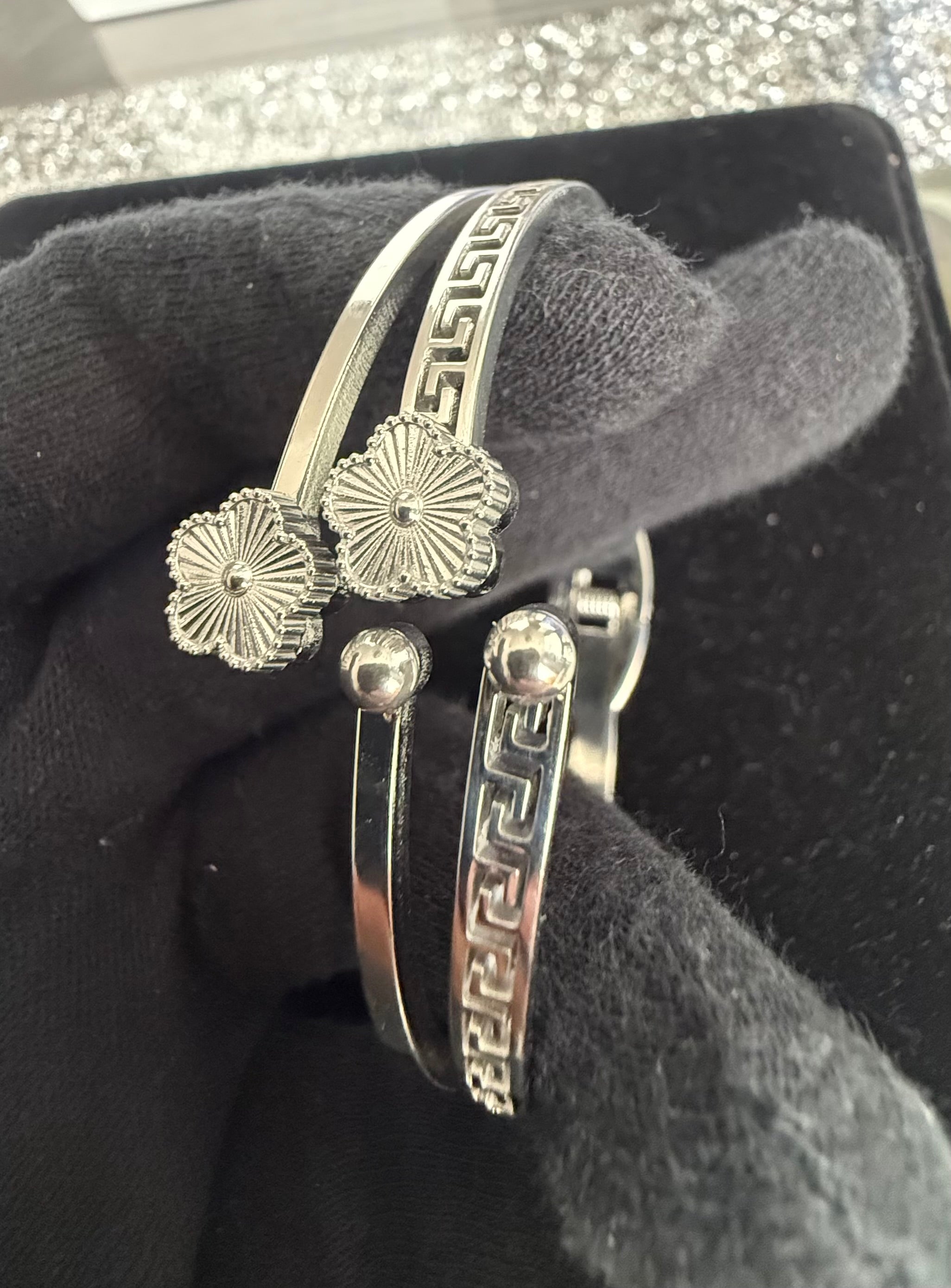 Greek Key Floral Open Cuff Bangle Bracelet – Gold or Silver Tone