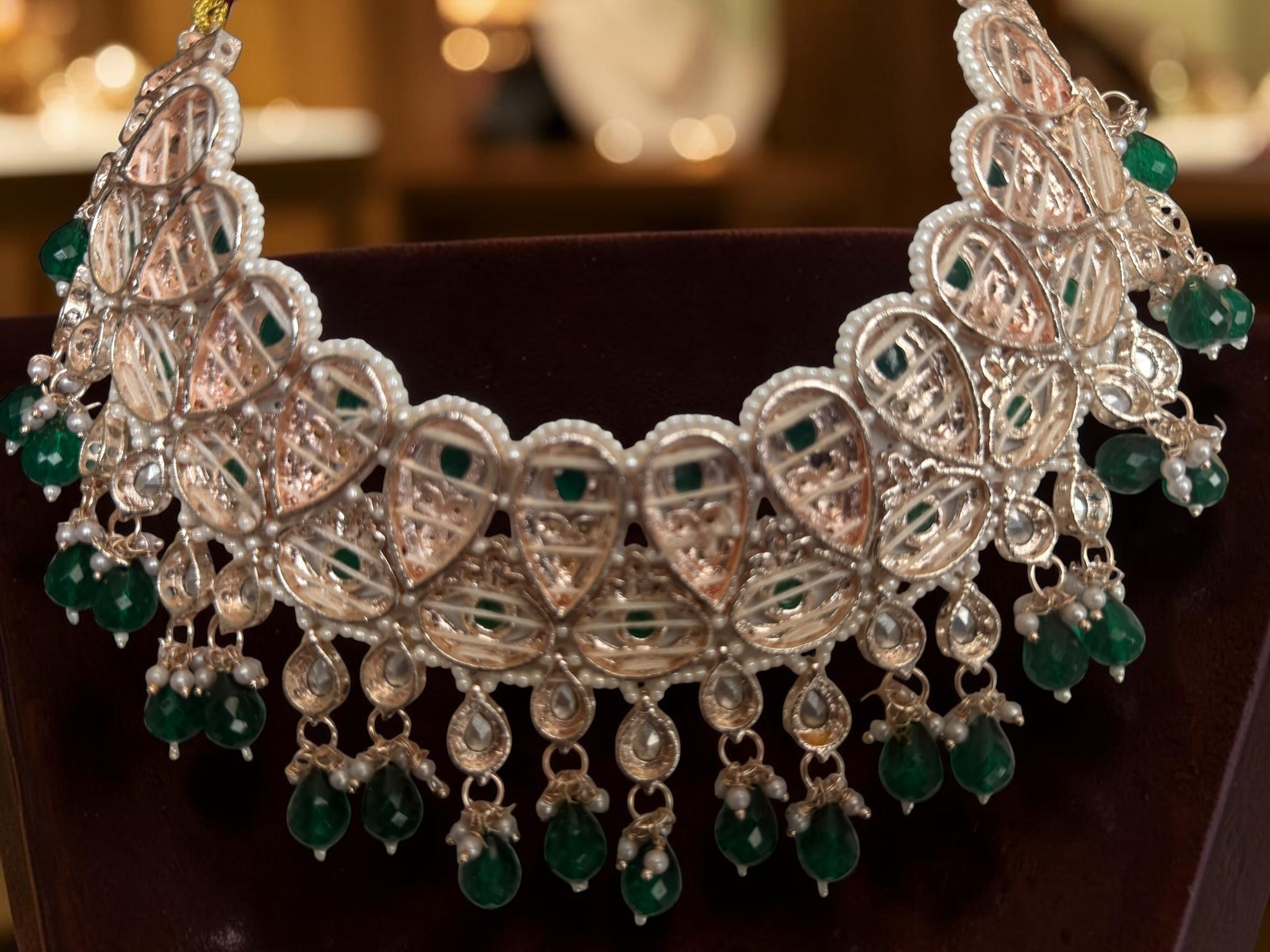 Emerald Green Kundan Bridal Jewelry Set with Earrings & Maang Tikka | Rose Gold Indian Pakistani Afghan Wedding Necklace | Jewelry Gift Box Included 6046