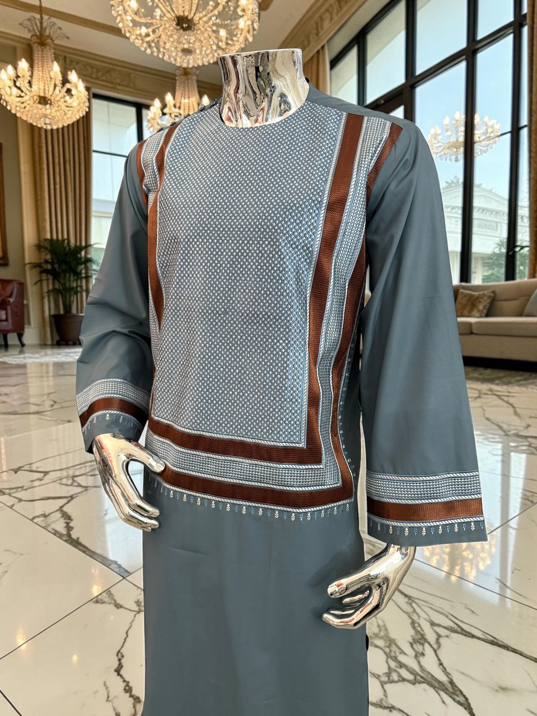 Medium Steel Blue Parahan Tunban with White & Brown Embroidery | Premium Afghan Traditional Wear