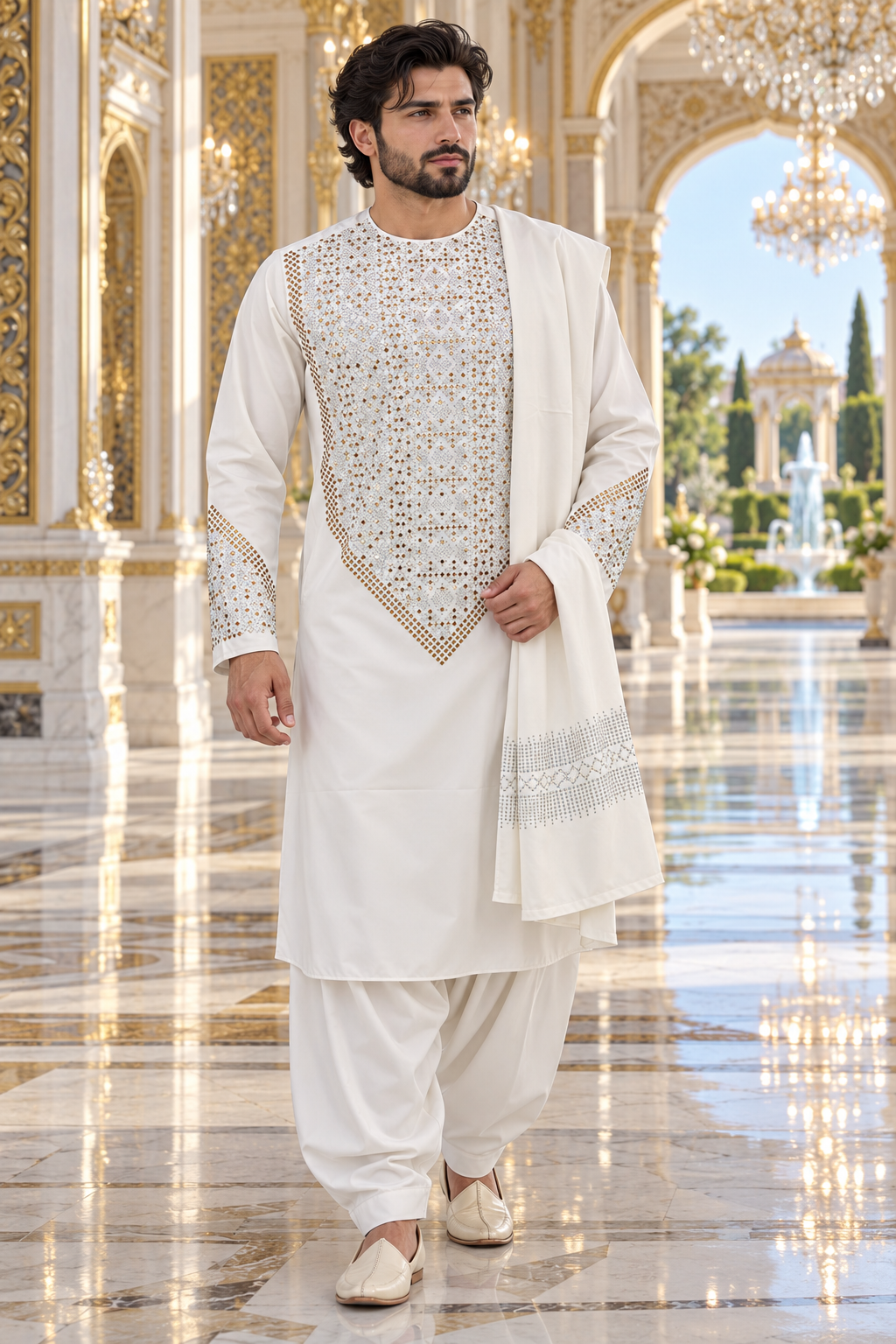 Men’s off white Afghan Parahan Tunban with Gold & Silver Embellishments and Shawl – 3-Piece Set shesha work 5042