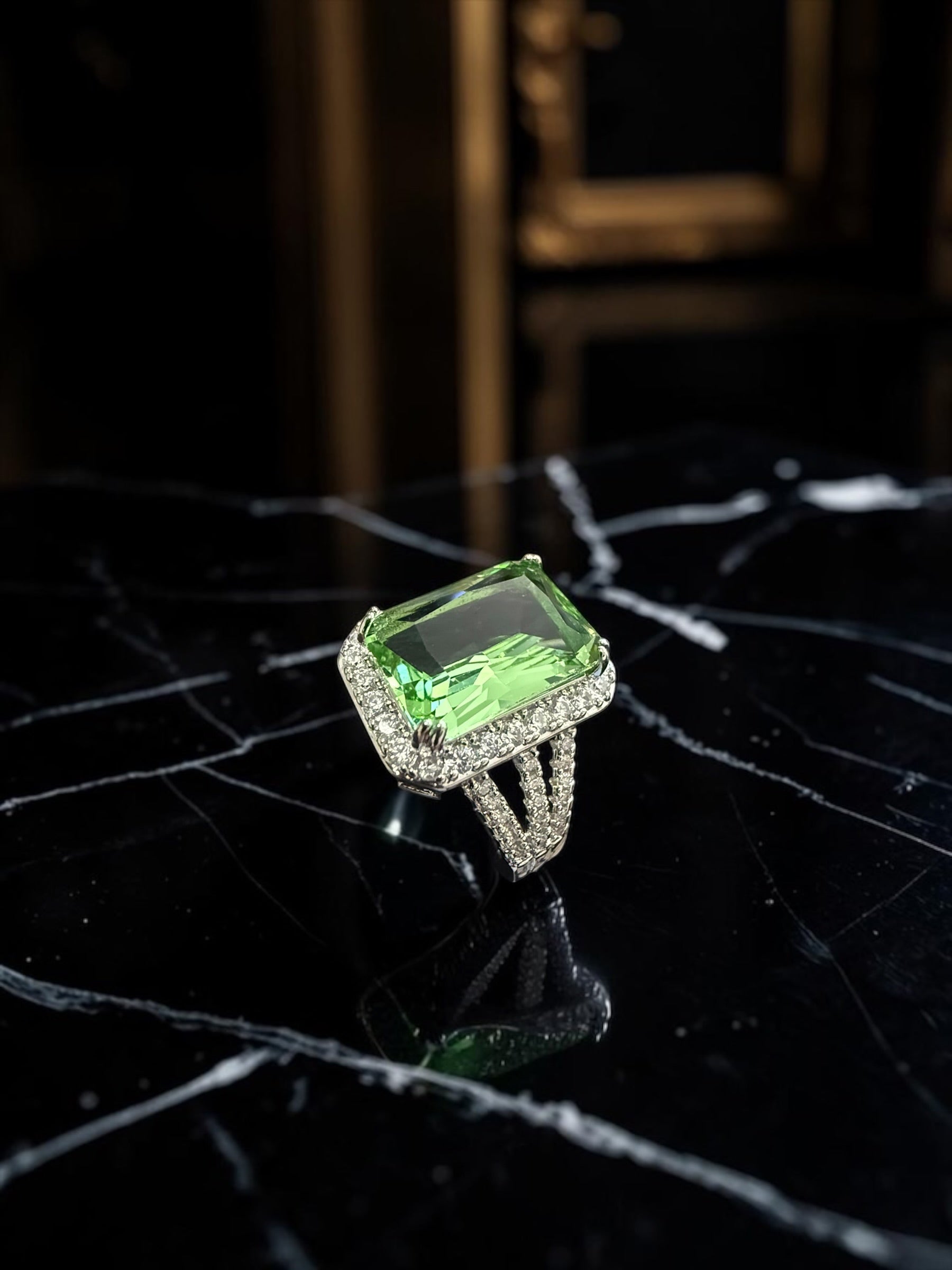 Green Crystal Statement Ring for Women – Silver Plated Halo Cocktail Ring with Split Band GR13