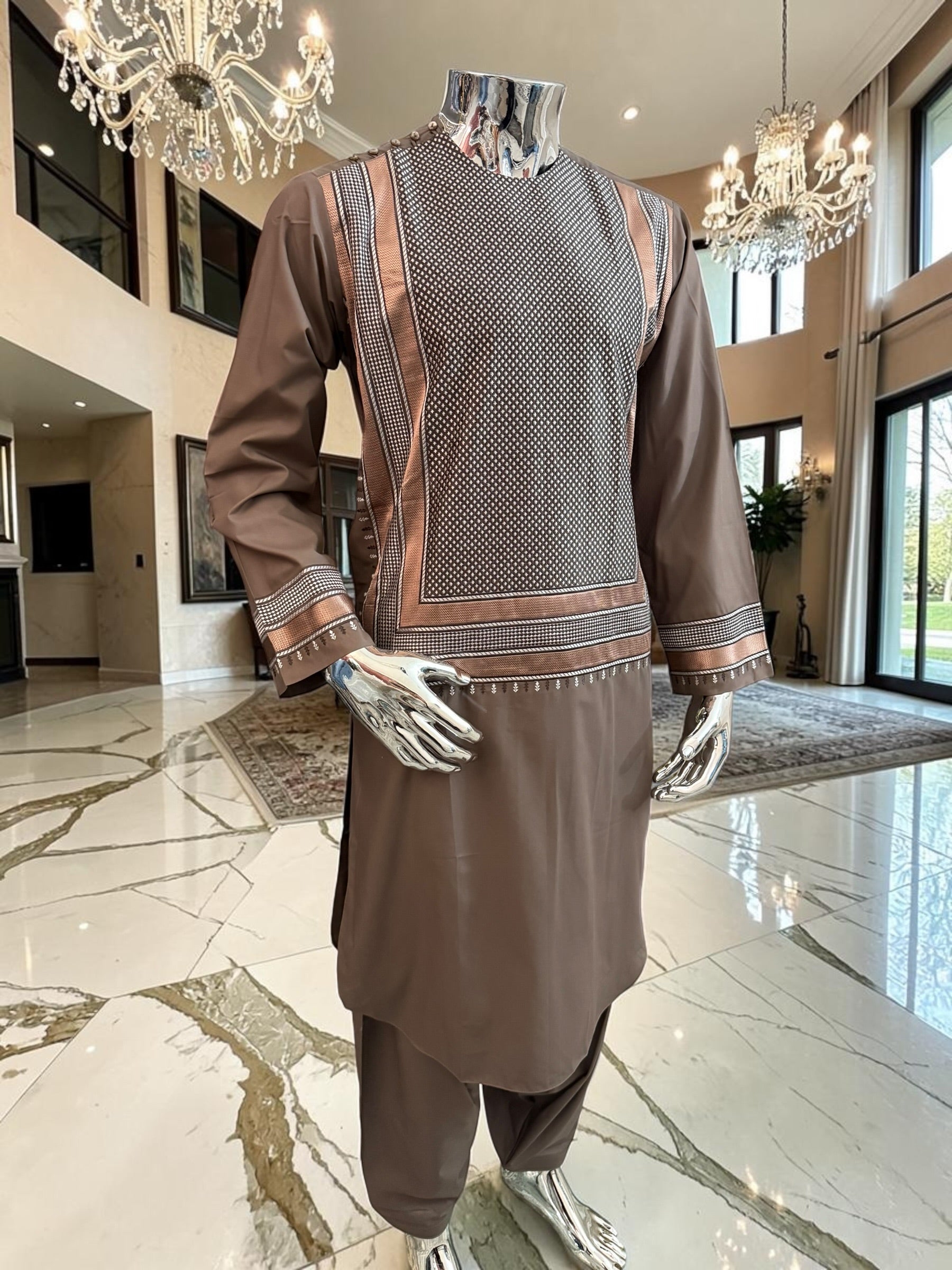 Small Taupe Brown Embroidered Men’s Parahan Tunban Yakhandozi – Premium Traditional Kandahari Yakhan