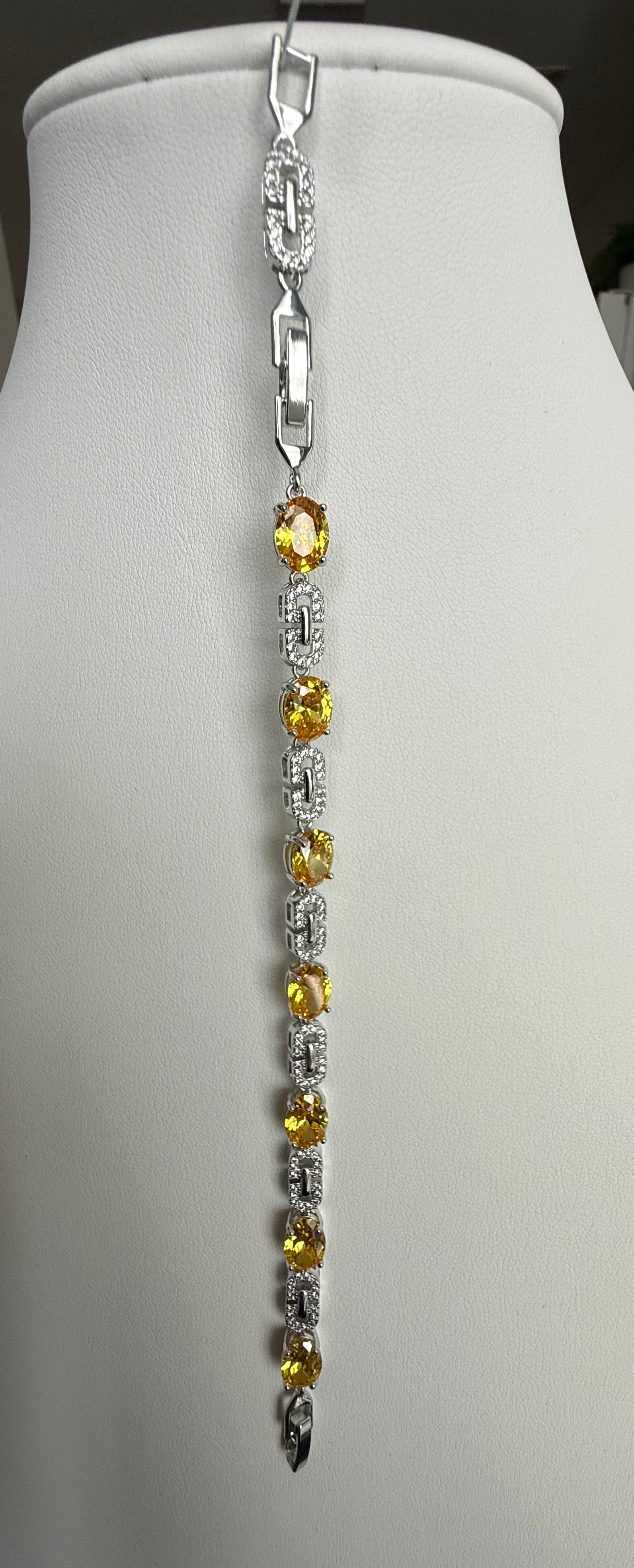 Yellow Oval Crystal Link Bracelet – Silver Tone Sparkling Statement Bracelet for Women 7088