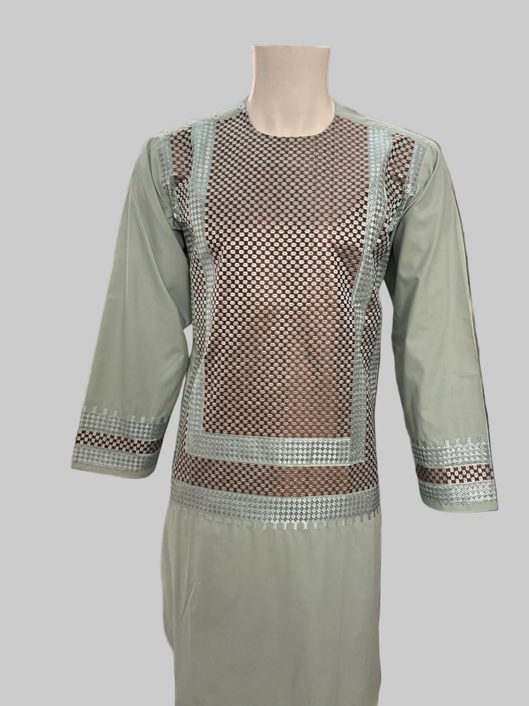 Men’s Pistachio Green Kameez with Brown and Matching Machine Embroidery – Afghan Traditional Wear | Luqmaan Boutique (Medium)