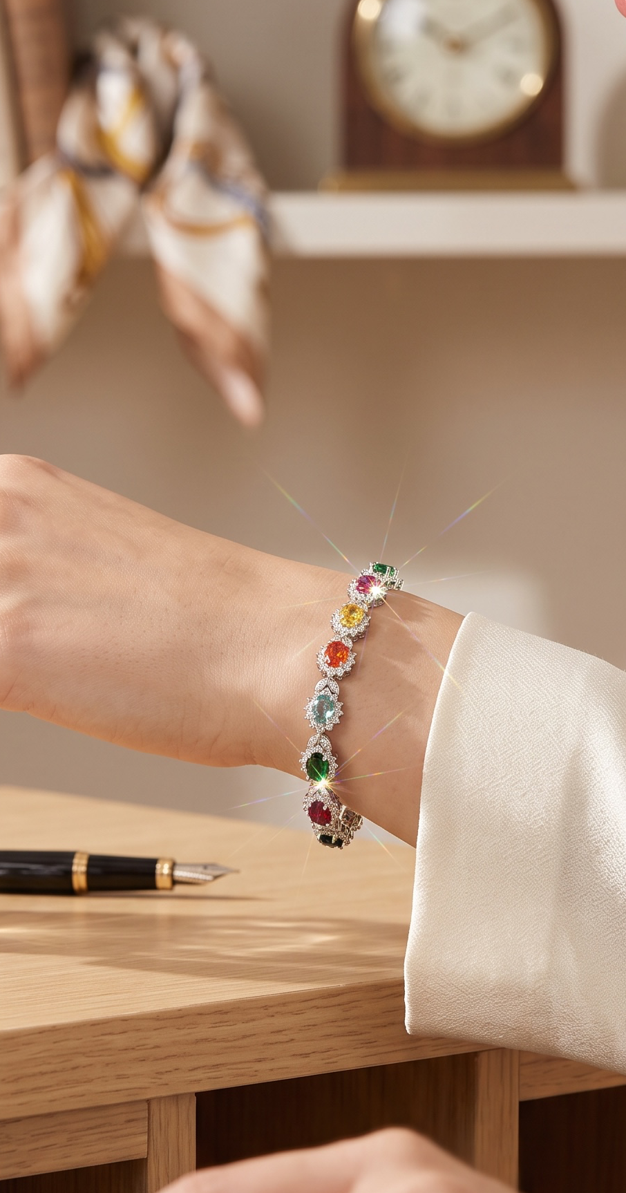 Multicolor Oval-Cut Crystal Halo Link Bracelet – Silver Tone Statement Jewelry 7140