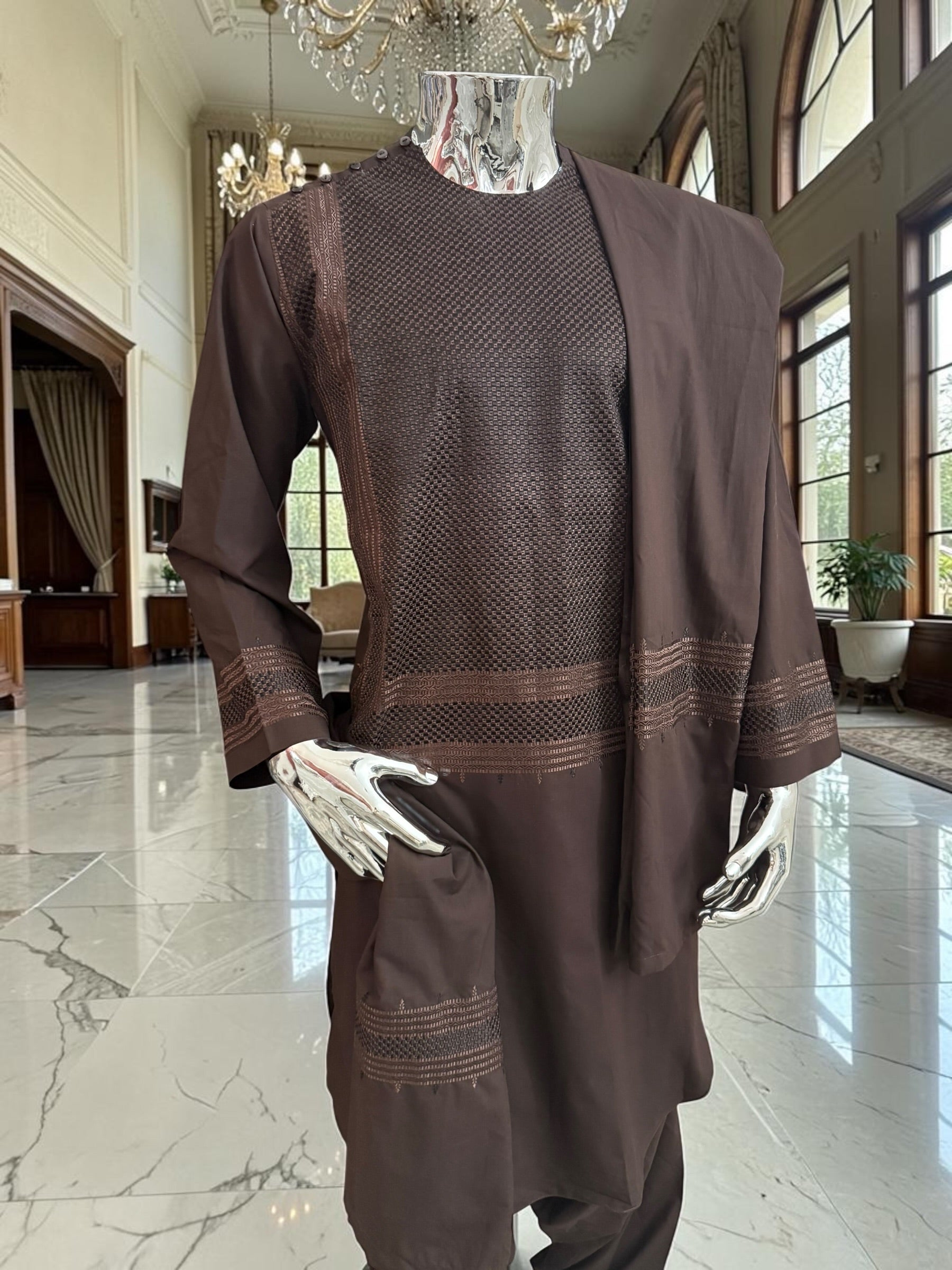 Medium Premium Dark Brown Machine Embroidered Parahan Tunban Set with Matching Pattu