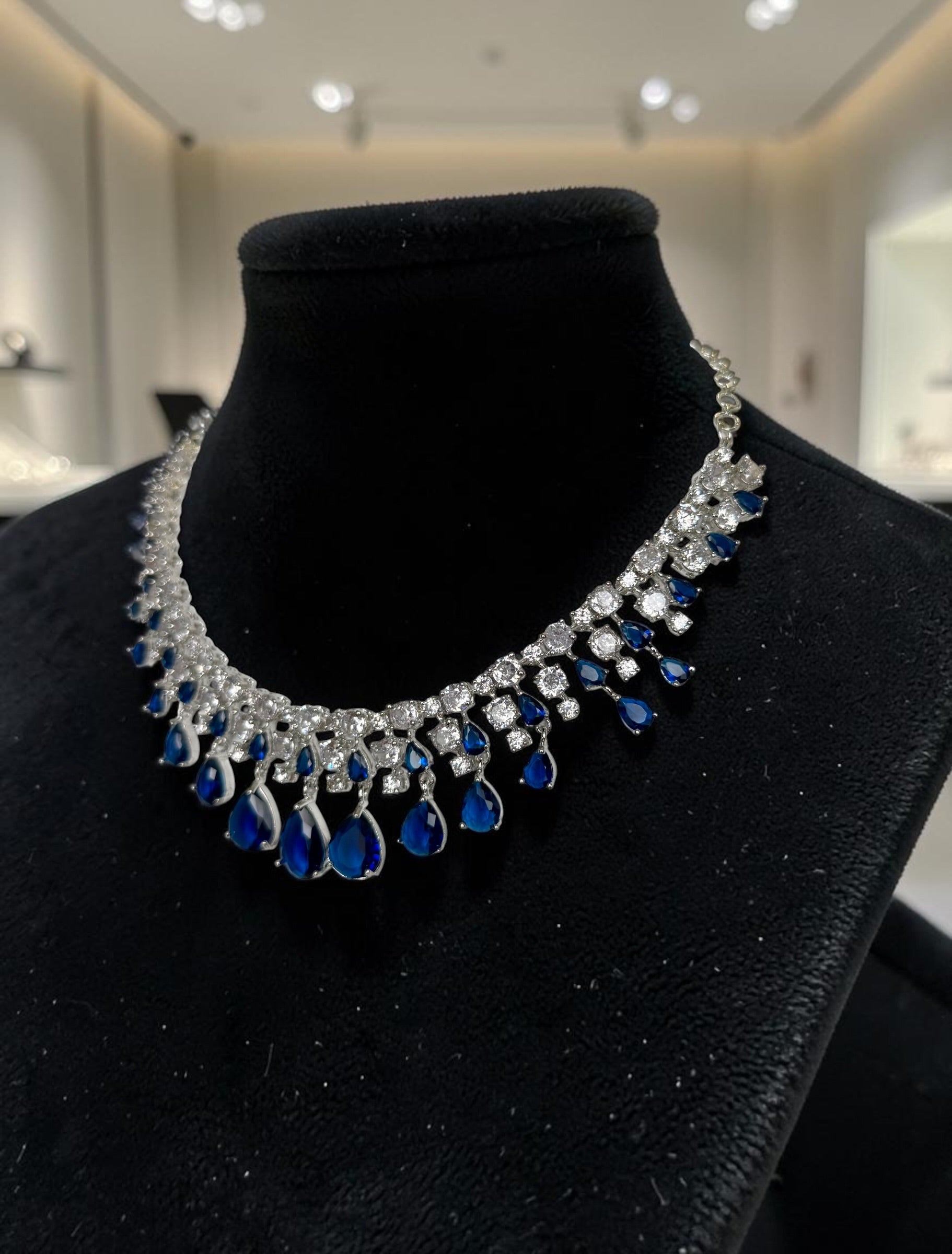 Luxury Sapphire Blue Crystal Statement Necklace & Drop Earrings Set | Silver Tone | Gift Ready Black Box | Elegant Bridal & Evening Jewelry  6053