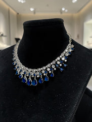 Luxury Sapphire Blue Crystal Statement Necklace & Drop Earrings Set | Silver Tone | Gift Ready Black Box | Elegant Bridal & Evening Jewelry  6053