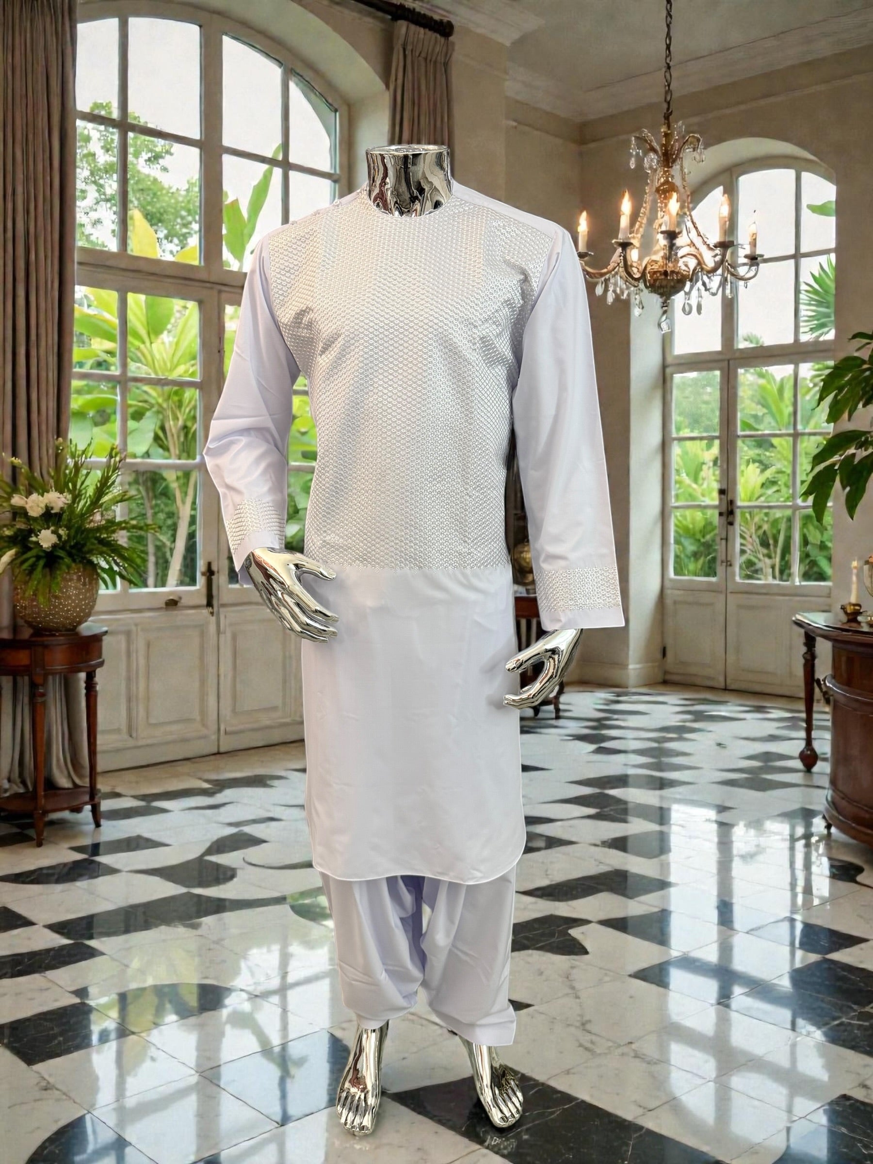 Small White Embroidered Parahan Tumban | Cotton-Blend Afghan Men’s Traditional Outfit | Luqmaan Boutique