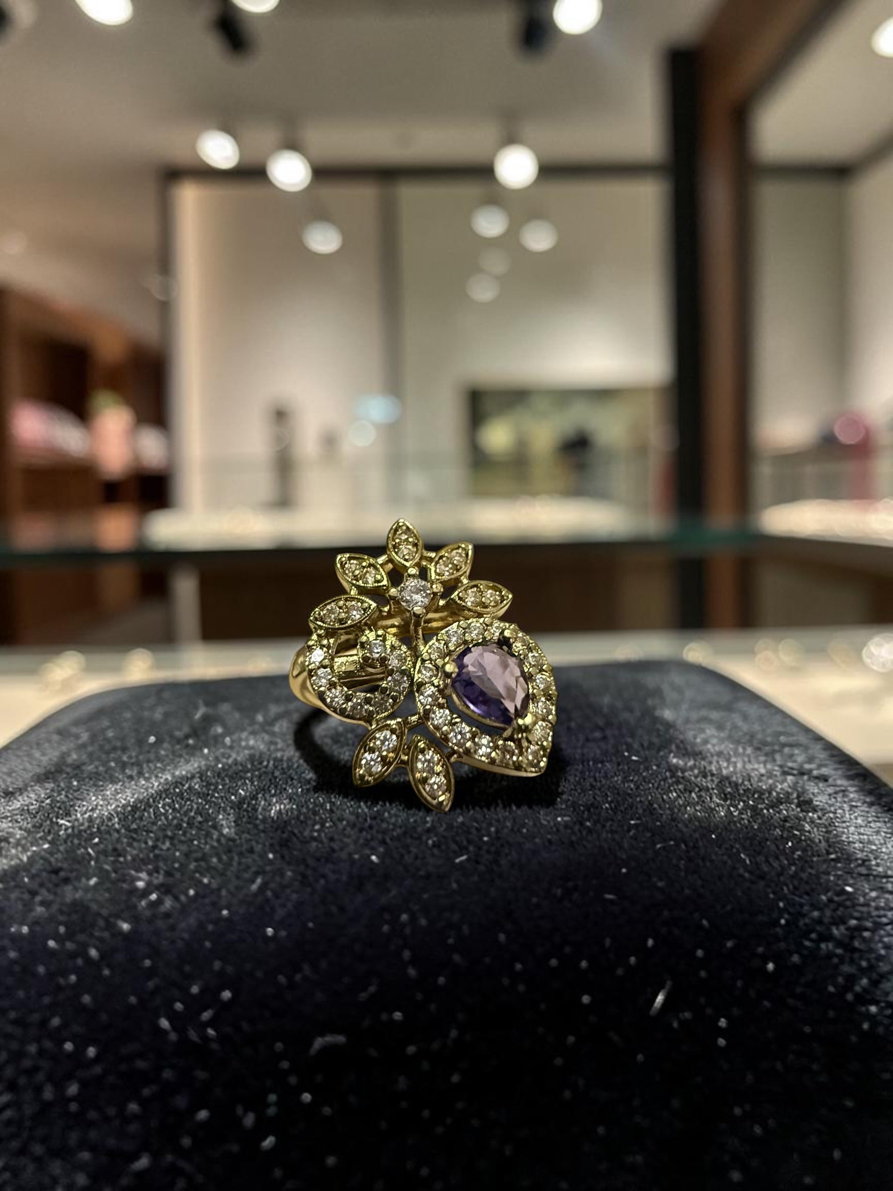 Floral Teardrop Statement Ring – Adjustable Gold-Tone Ring in Pink, Clear & Purple
