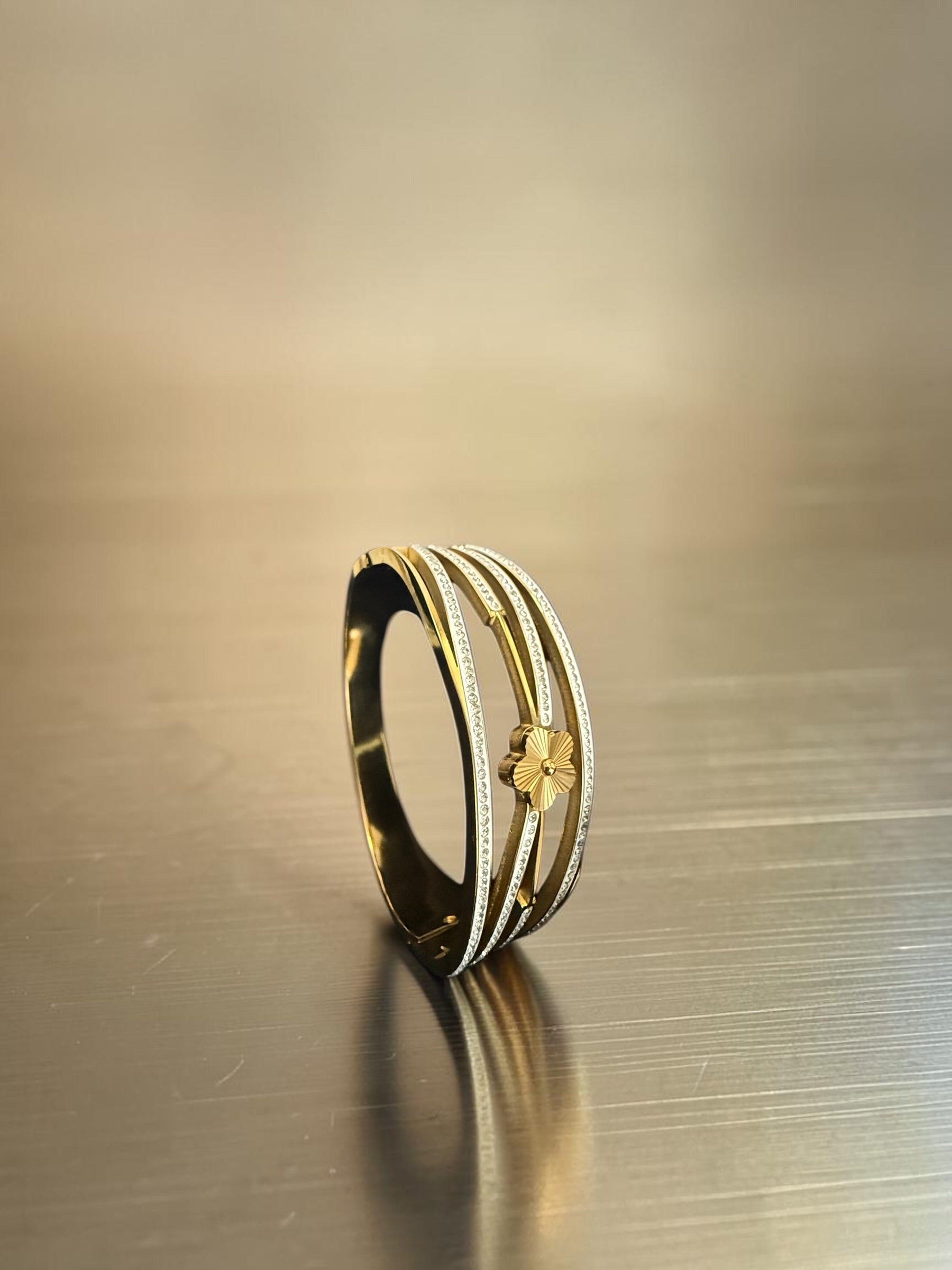 Gold-Tone Floral Crystal Hinged Bangle Bracelet for Women 8021