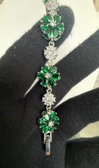 Emerald Green Floral Crystal Link Bracelet – Silver Tone Flower Statement Jewelry 7137