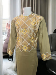 Afghan Parahan Tunban with Machine Khamakdozi Embroidery – Olive Gold – Medium