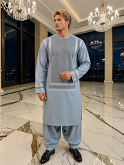 X-Large Sky Blue Kandahari Parahan Tunban for Men | Premium Afghan Traditional Wear