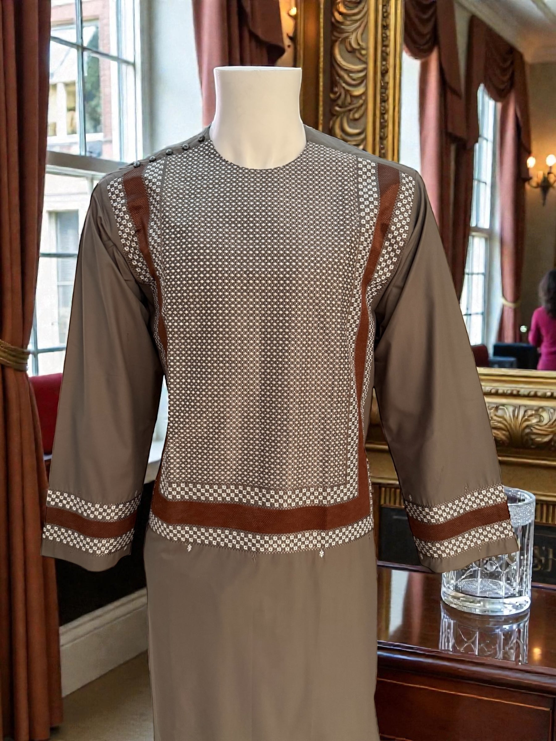 Large Taupe Brown Afghan Parahan Tunban with Machine Embroidered Chestnut & White Geometric Panel – Men’s Traditional Wear
