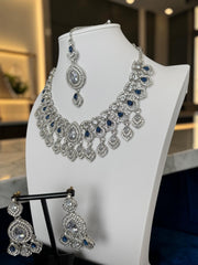 Luxury Silver Tone Sapphire Blue Crystal Bridal Jewelry Set | Statement Necklace, Earrings & Maang Tikka | Wedding Jewelry with Black Gift Box 6028