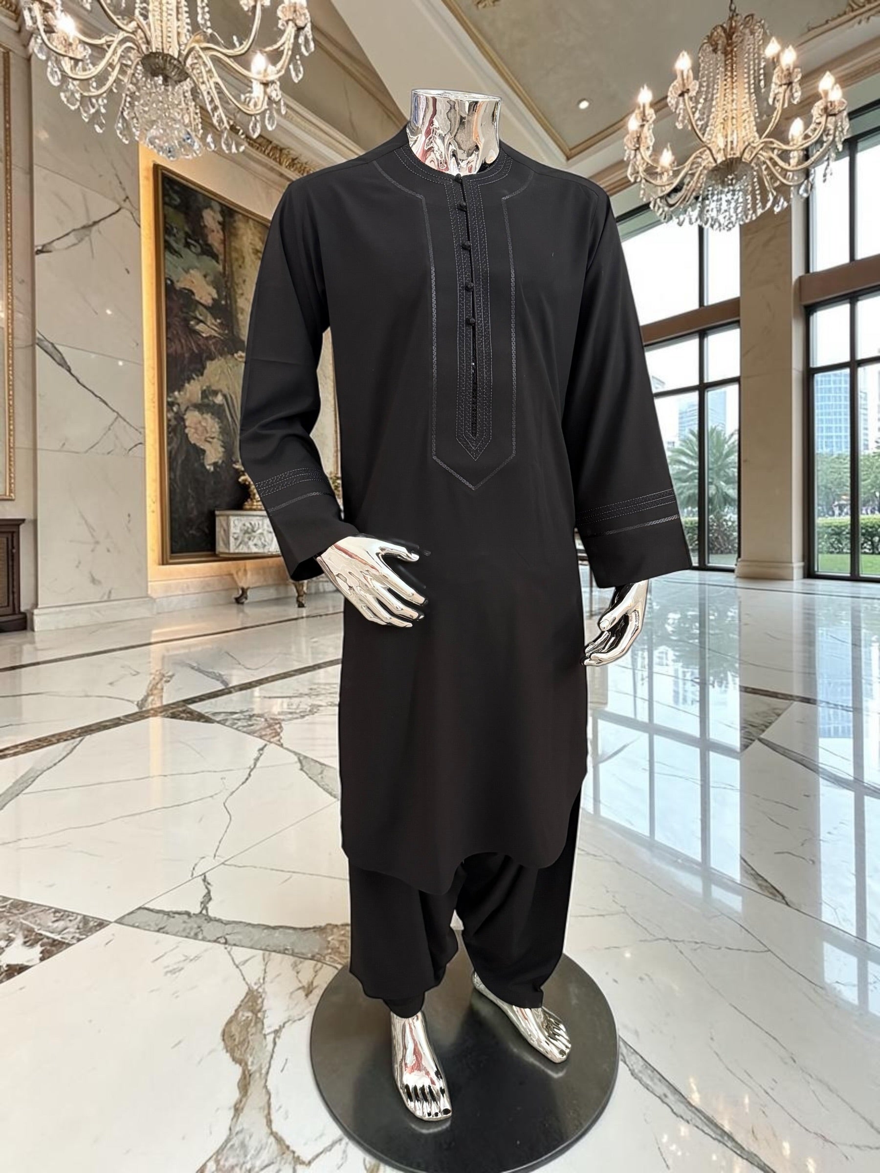 Large Black Embroidered Parahan Tunban for Men – Premium Afghan Traditional Kameese Shelwar Outfit