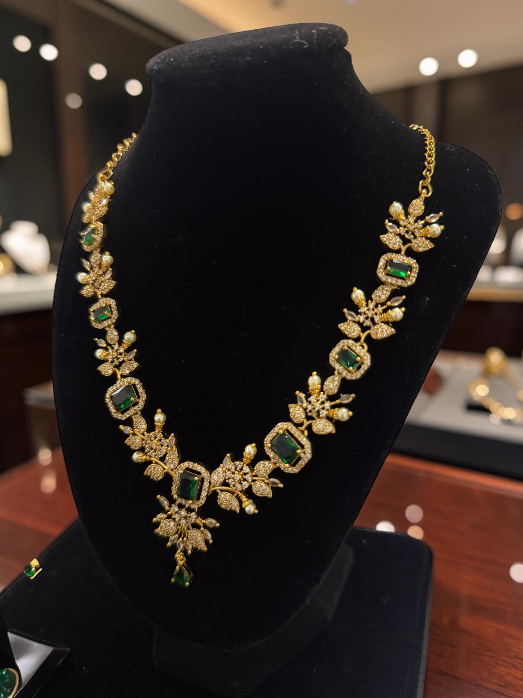 Luxury Gold Tone Green Crystal Floral Statement Necklace & Earrings Set | Gift-Ready Black Jewelry Box Included 6071