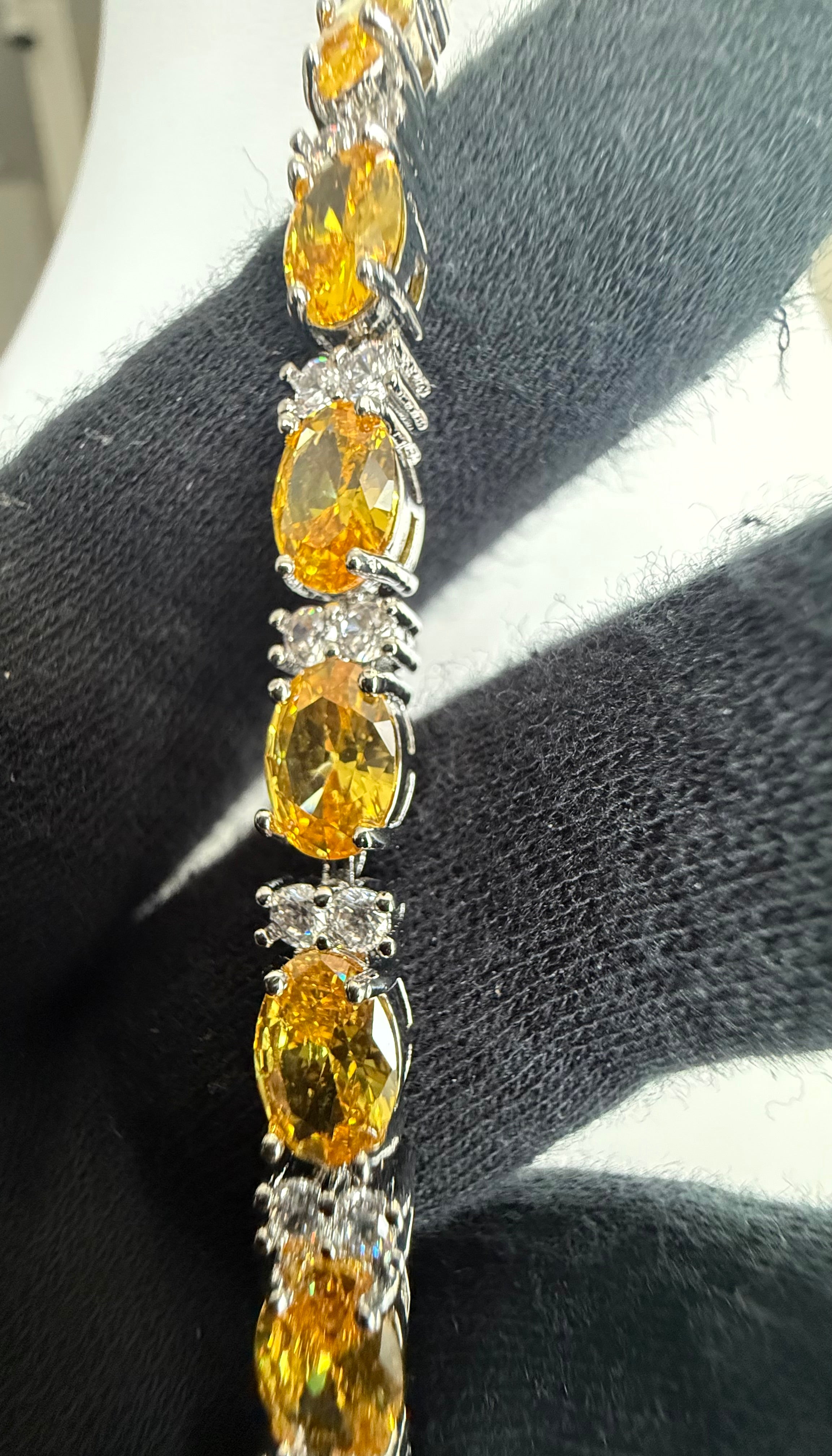 Yellow Oval Crystal Tennis Bracelet – Silver Tone Statement Bracelet 7145