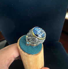 Men’s Blue Arabic Calligraphy Statement Ring – Antique Silver Tone Alloy Islamic Inspired Fashion Ring with Jewelry Box 7018
