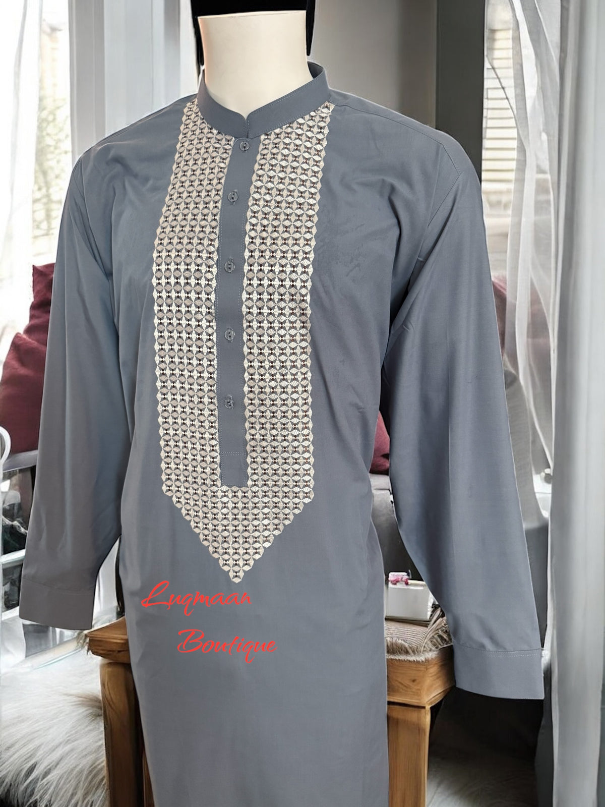 Men’s Grey Parahan Tumban with White Hand Khamak Embroidery – Elegant Afghan Traditional Outfit, XXL