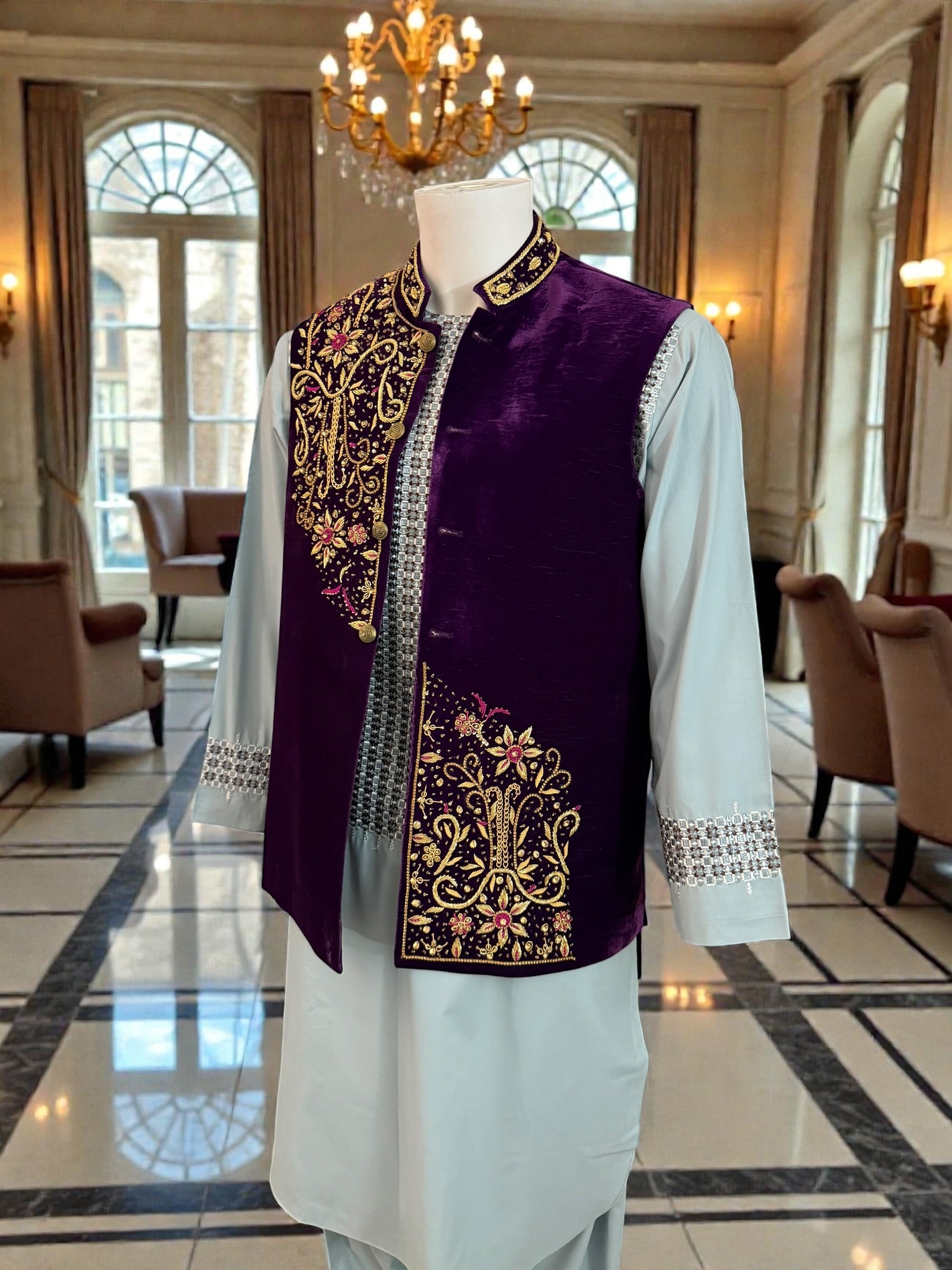 Large Royal Purple Velvet Waistcoat – Luxury Gold & Pink Hand-Embroidered Dabka, Zari, Tilla Work Medium to Large