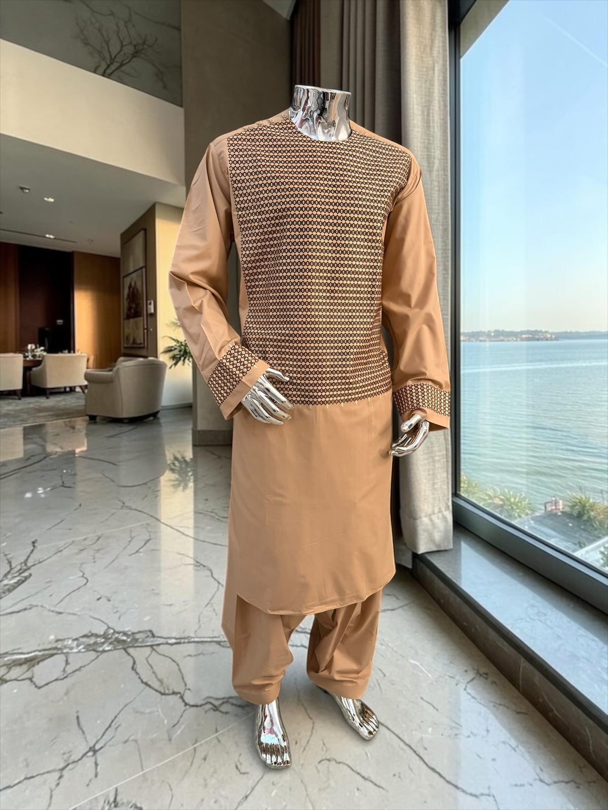 XL Peach Afghan Parahan Tunban with Machine Embroidery