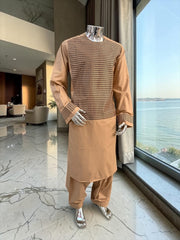 XL Peach Afghan Parahan Tunban with Machine Embroidery