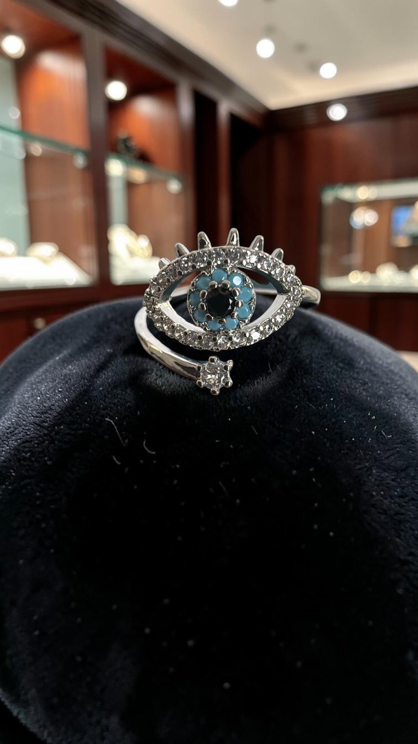 Turquoise Evil Eye Adjustable Statement Ring – Silver Tone Crystal Eye Ring 7150
