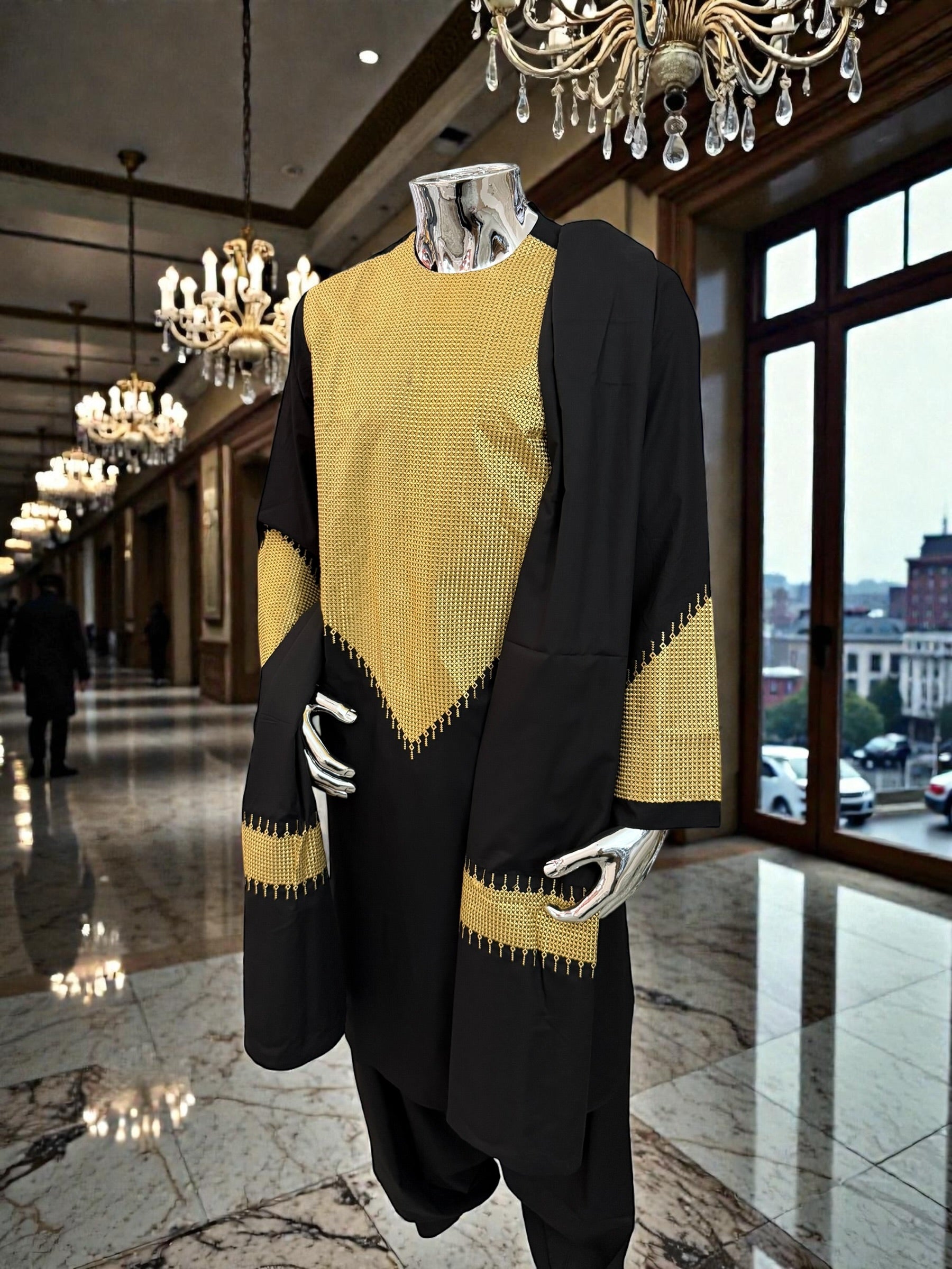 Men’s Black Parahan Tumban with Gold Embroidery & Matching Shawl | Afghan Traditional Outfit Large to X-Large