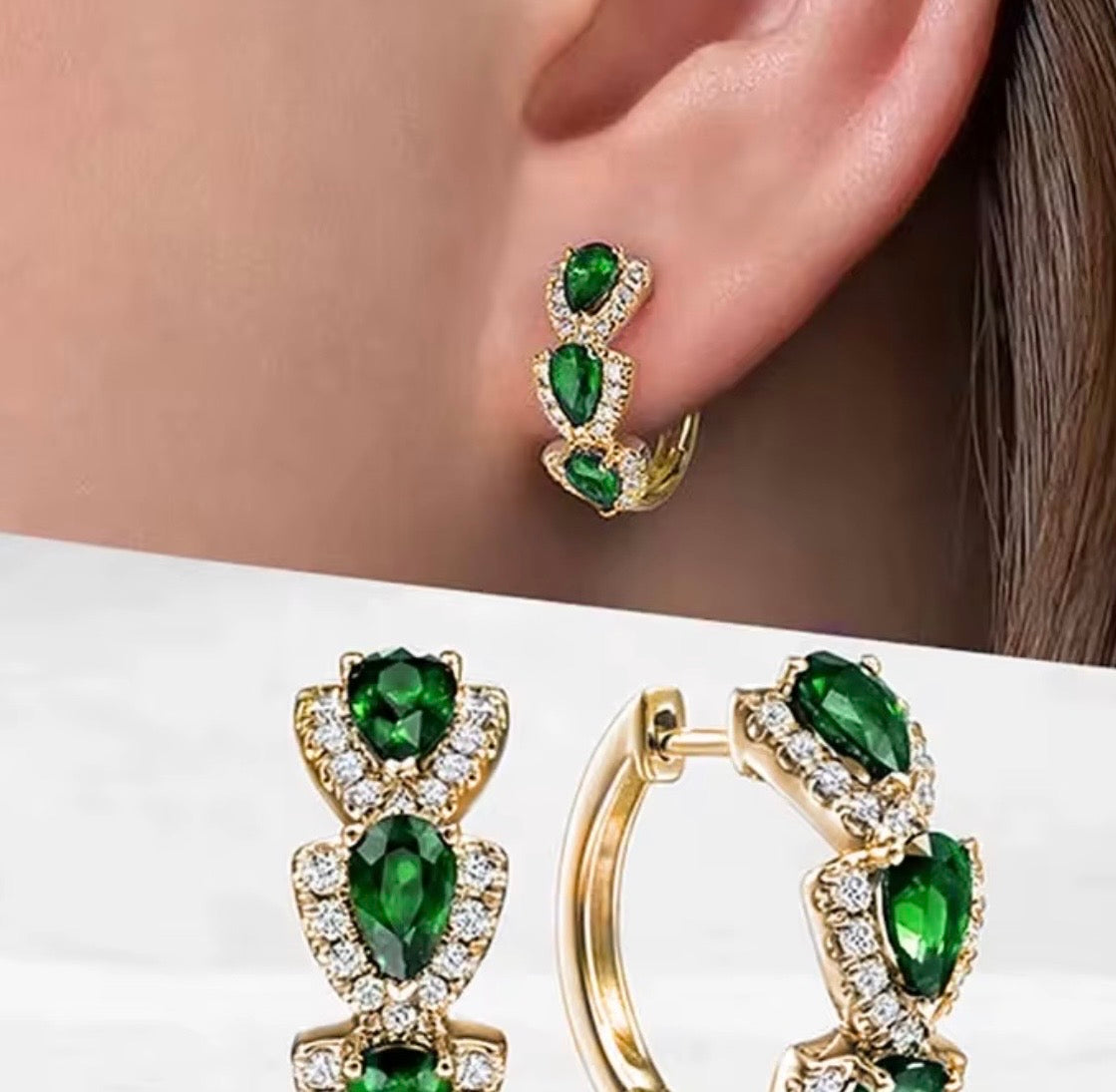 Emerald Earrings – Pear Cut Zircon Hoop Earrings for Women | Gold & Silver Plated Bridal Hoops